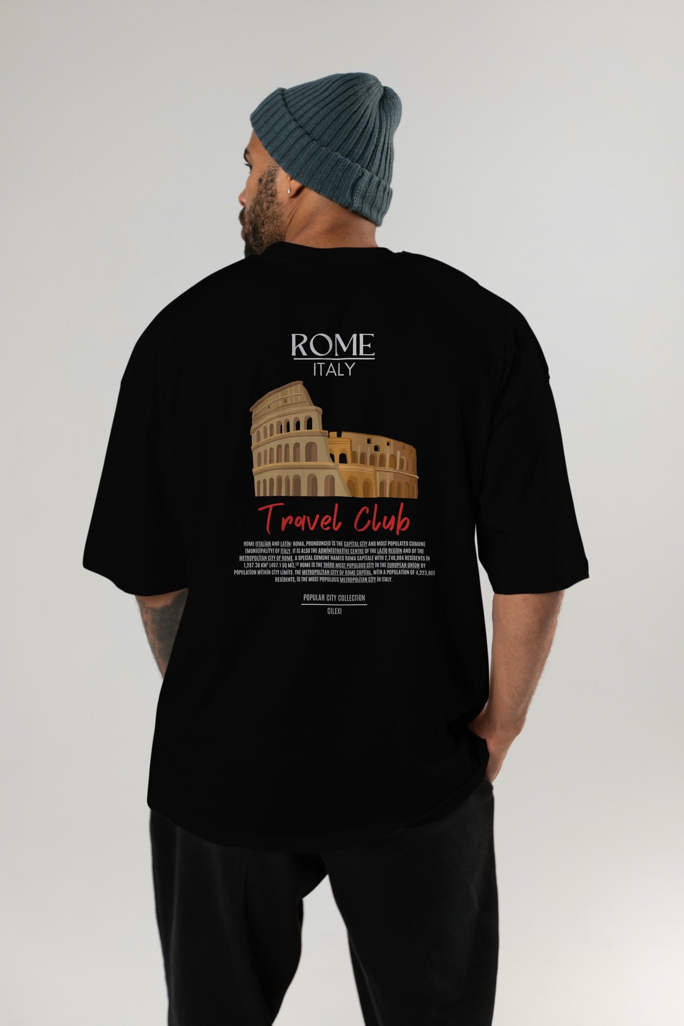 Roma İtaly Arka Baskılı Oversize t-shirt Erkek Kadın Pamuk Bisiklet Yaka tişort