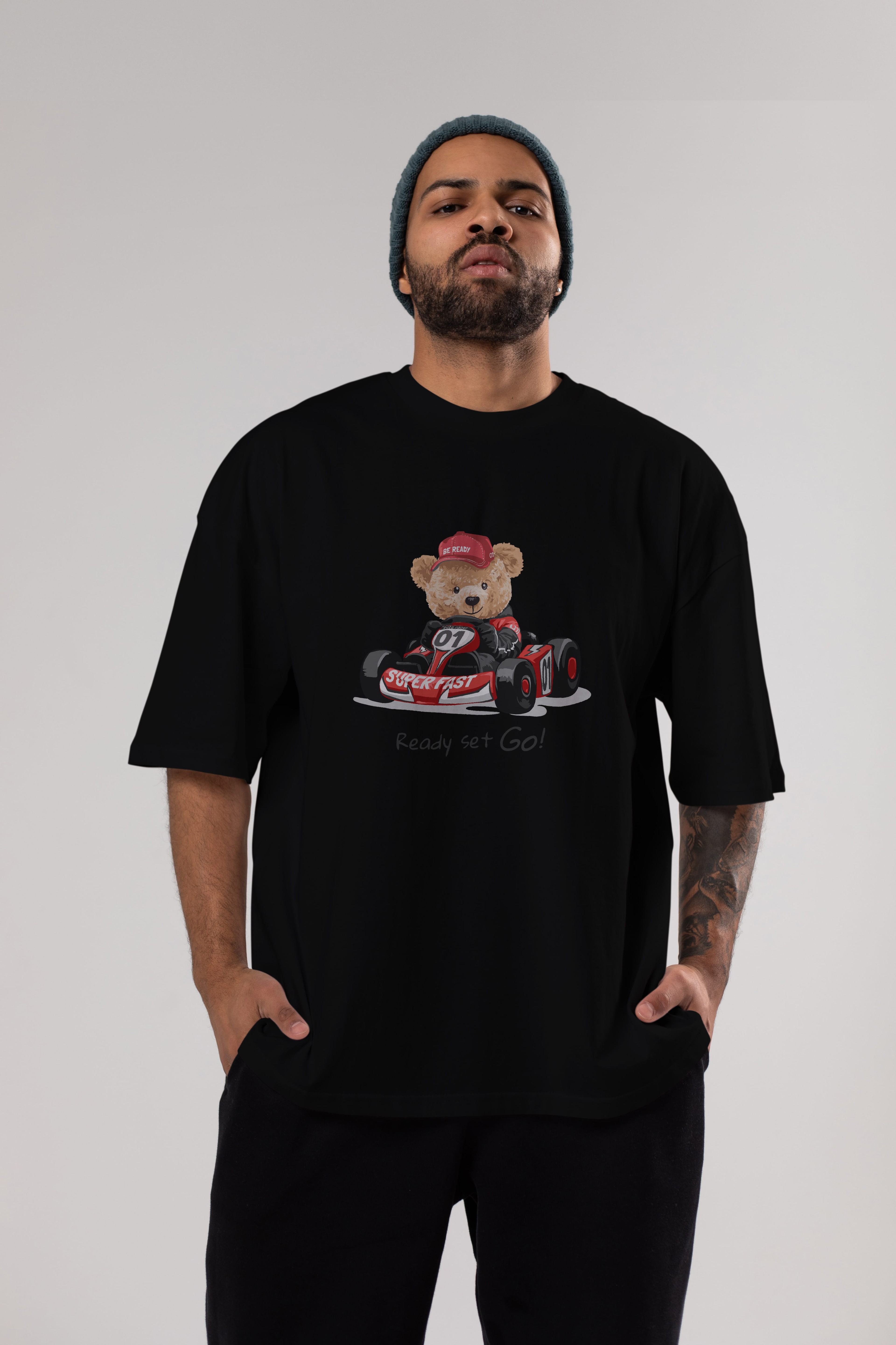 Teddy Bear Ready Set Go Ön Baskılı Oversize t-shirt Erkek Kadın Unisex %100 Pamuk