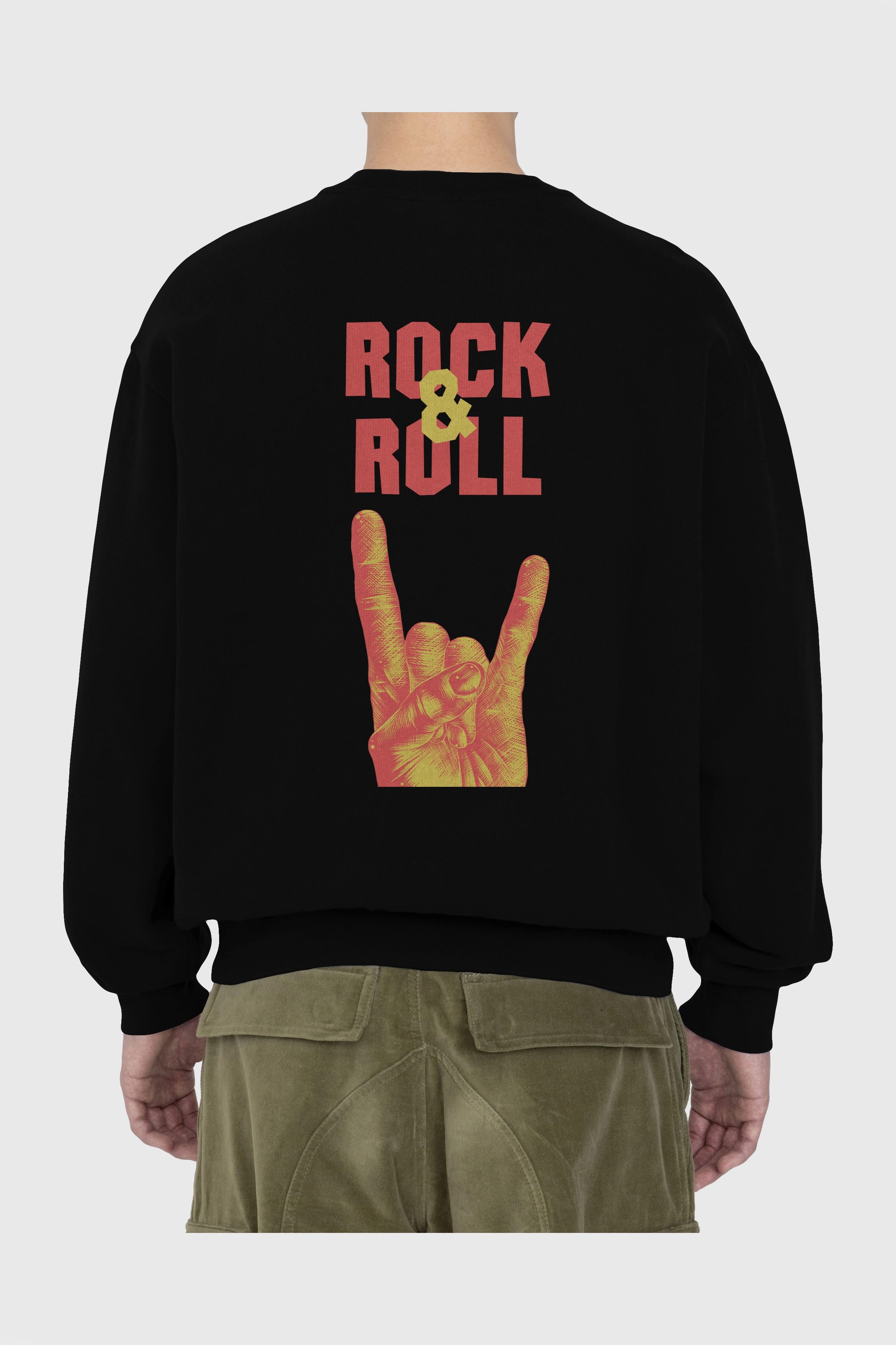 Rock & Roll Yazılı Arka Baskılı Oversize Sweatshirt Erkek Kadın Unisex