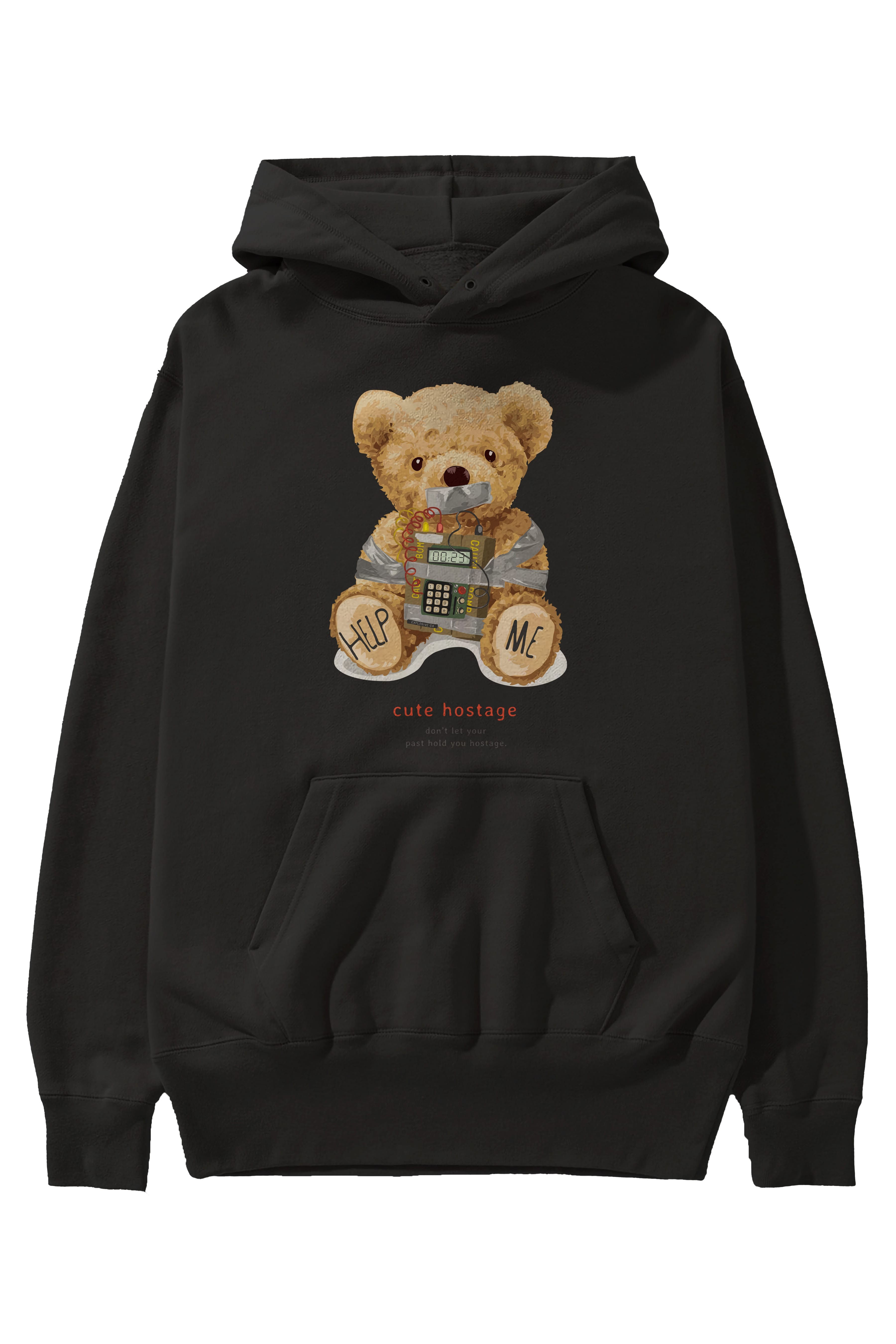 Teddy Bear Help Me Ön Baskılı Hoodie Oversize Kapüşonlu Sweatshirt Erkek Kadın Unisex