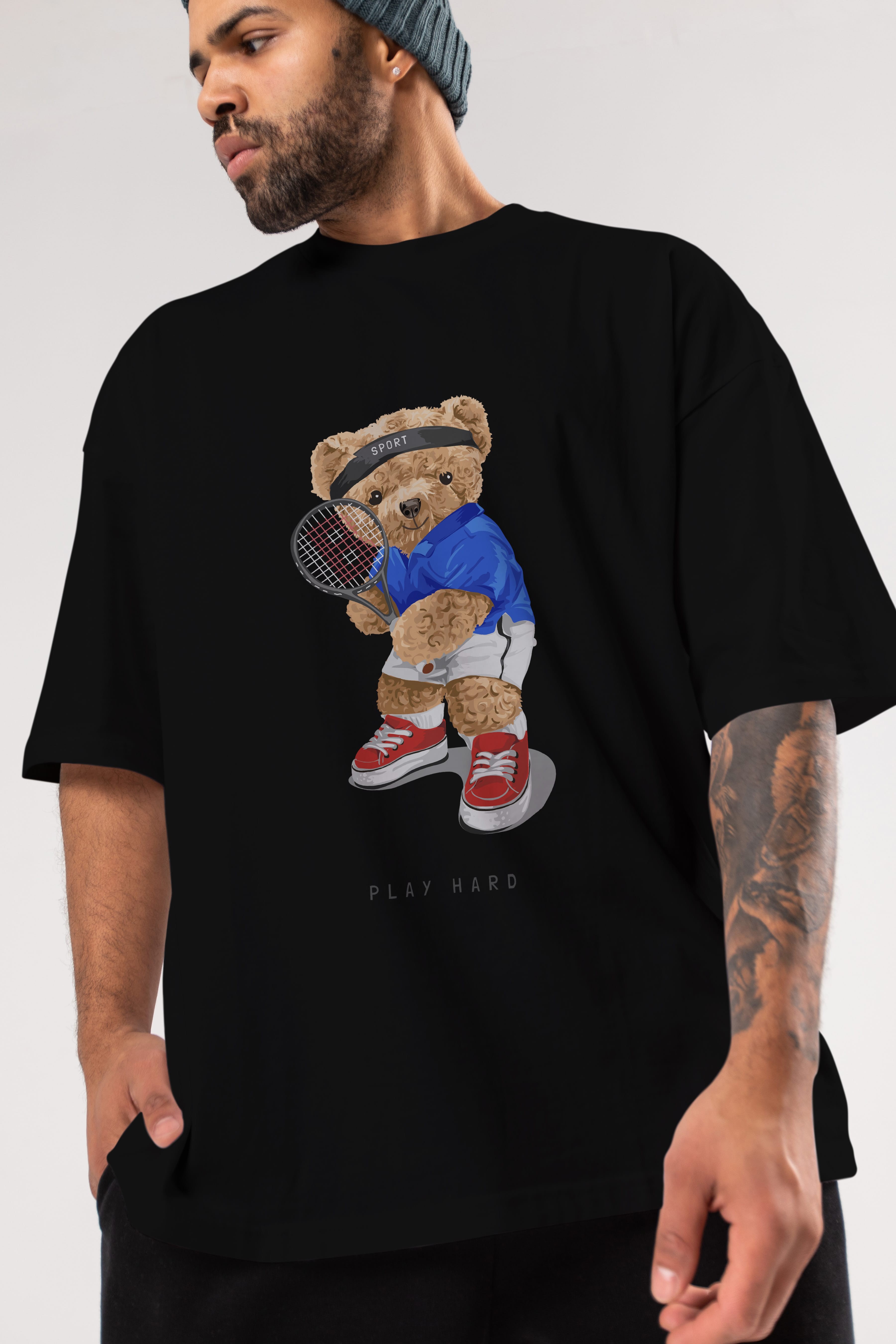 Teddy Bear Play Hard Ön Baskılı Oversize t-shirt Erkek Kadın Unisex %100 Pamuk