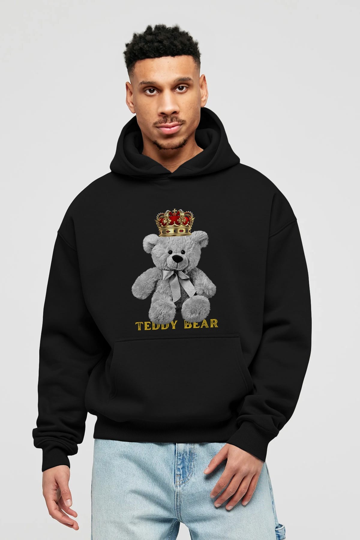 Teddy Bear Ön Baskılı Oversize Hoodie Kapüşonlu Sweatshirt Erkek Kadın Unisex