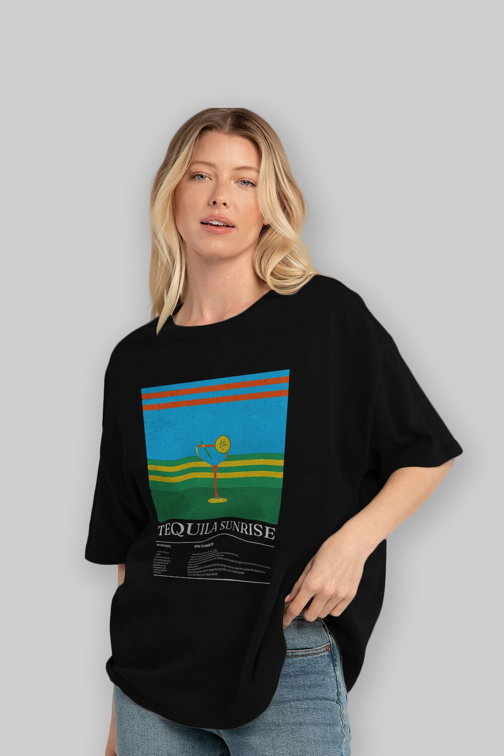 Tequila Sunrise Kokteyl Ön Baskılı Oversize t-shirt Erkek Kadın %100 Pamuk Bisiklet Yaka tişort
