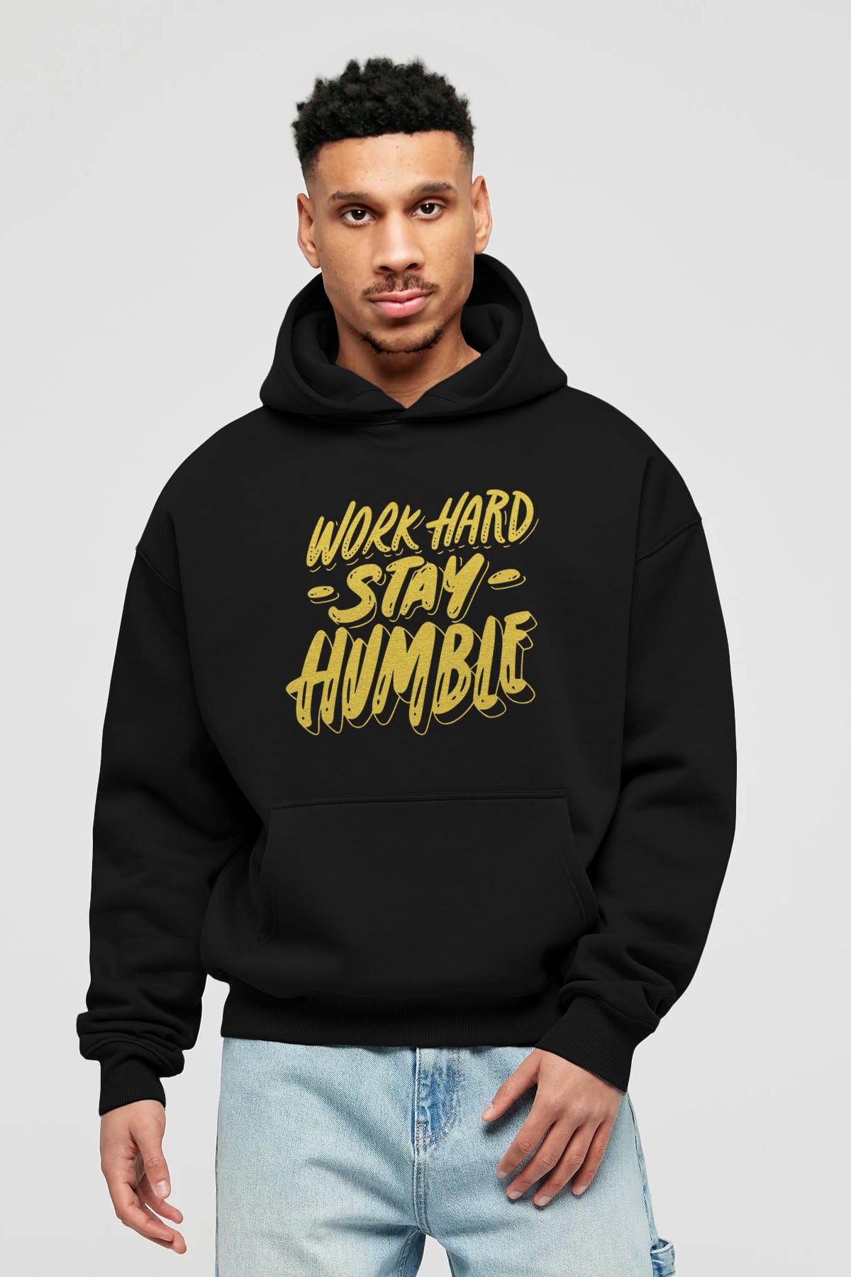 Word Hard Yazılı Ön Baskılı Oversize Hoodie Kapüşonlu Sweatshirt Erkek Kadın Unisex