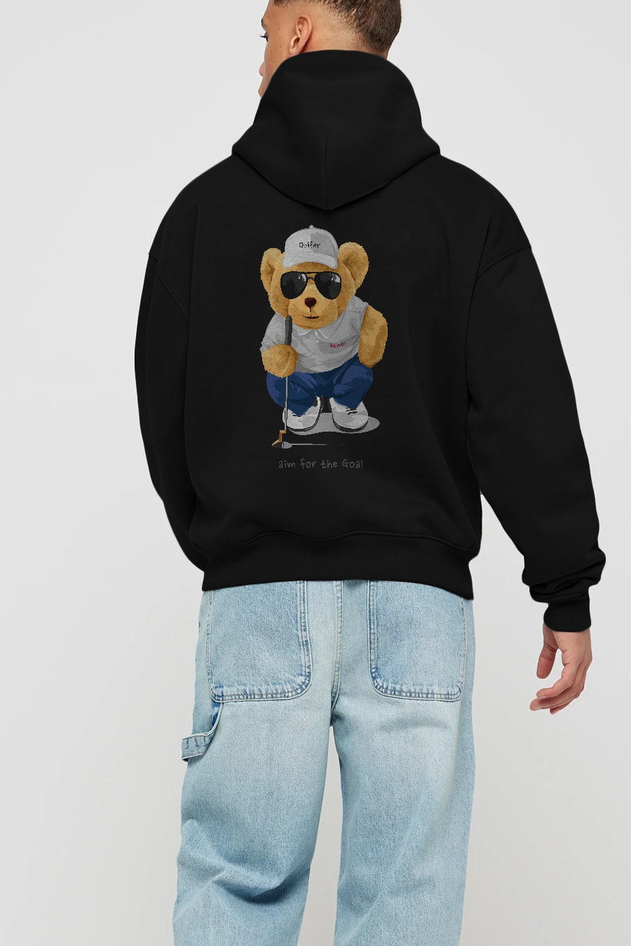 Teddy Bear Golfer Arka Baskılı Hoodie Oversize Kapüşonlu Sweatshirt Erkek Kadın Unisex