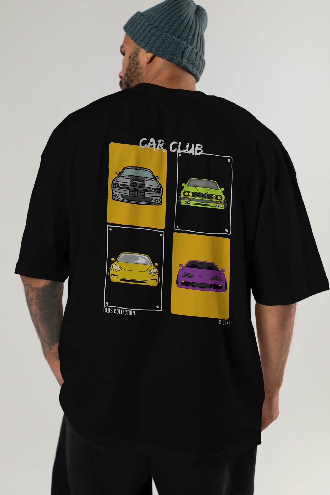 Car Club Arka Baskılı Oversize t-shirt Erkek Kadın %100 Pamuk Bisiklet Yaka tişort