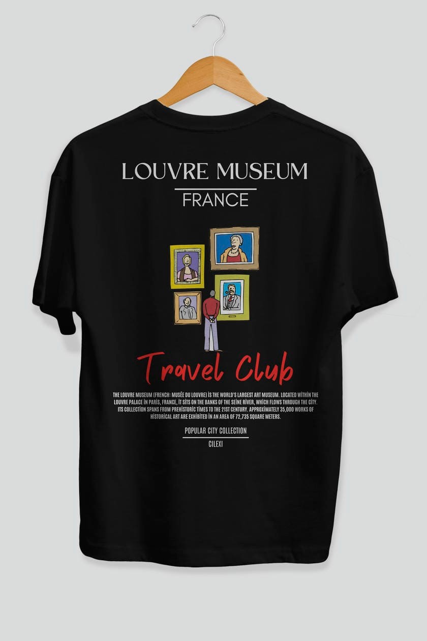 Louvre Museum France Arka Baskılı Oversize t-shirt Erkek Kadın Pamuk Bisiklet Yaka tişort