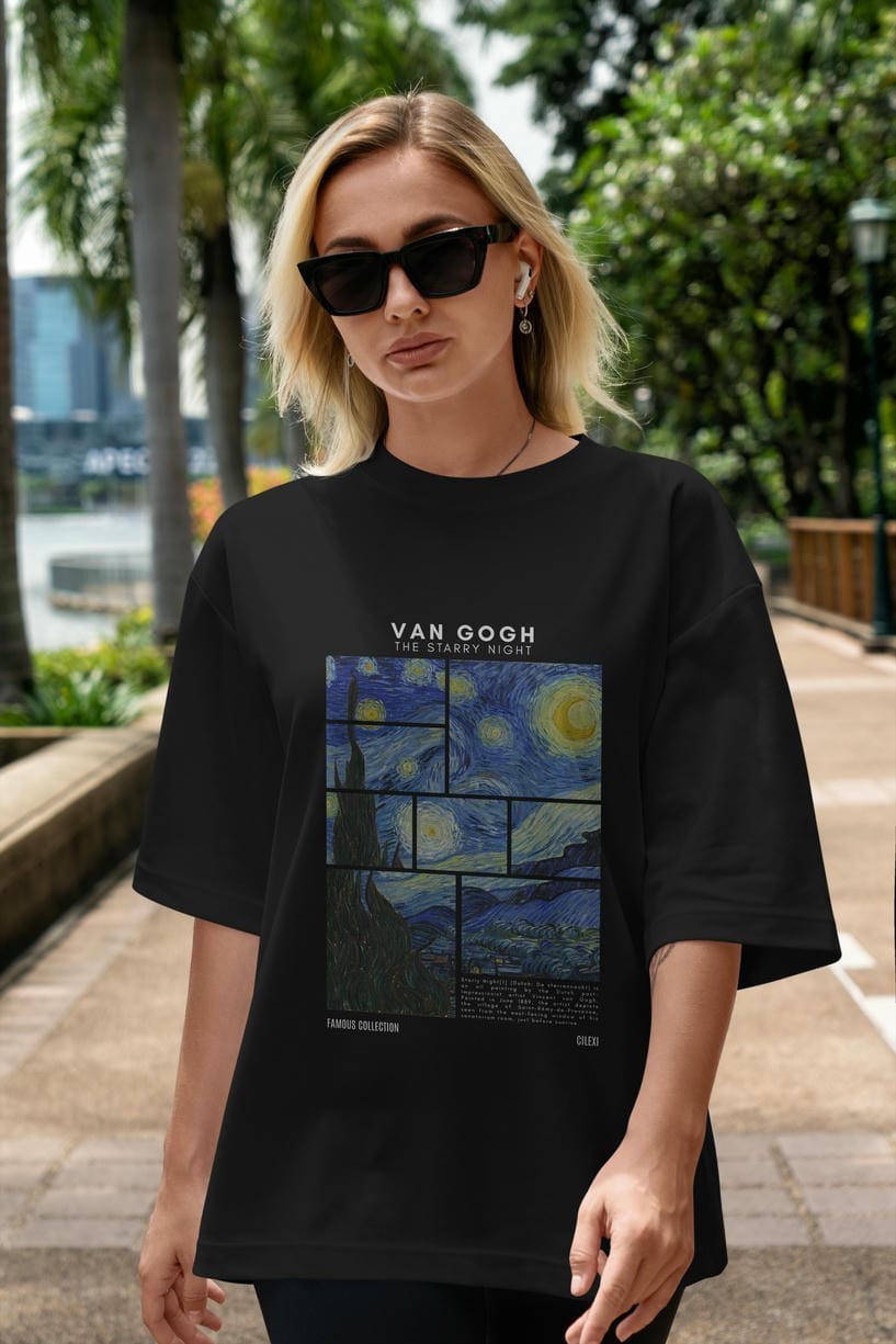 Van Gogh The Starry Night ön Baskılı Oversize t-shirt Erkek Kadın Bisiklet Yaka Pamuk tişort