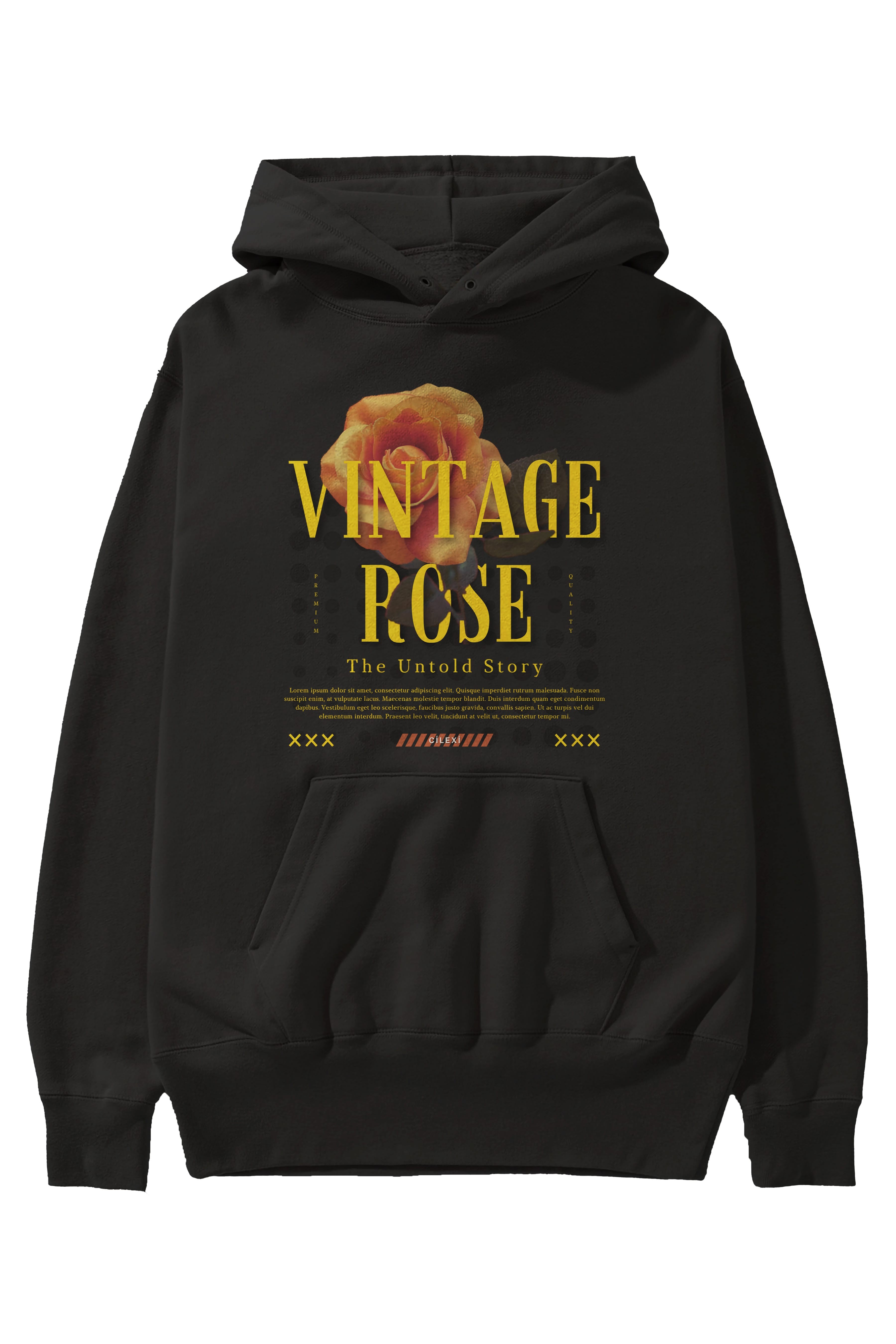 Vintage Rose Yazılı Ön Baskılı Oversize Hoodie Kapüşonlu Sweatshirt Erkek Kadın Unisex