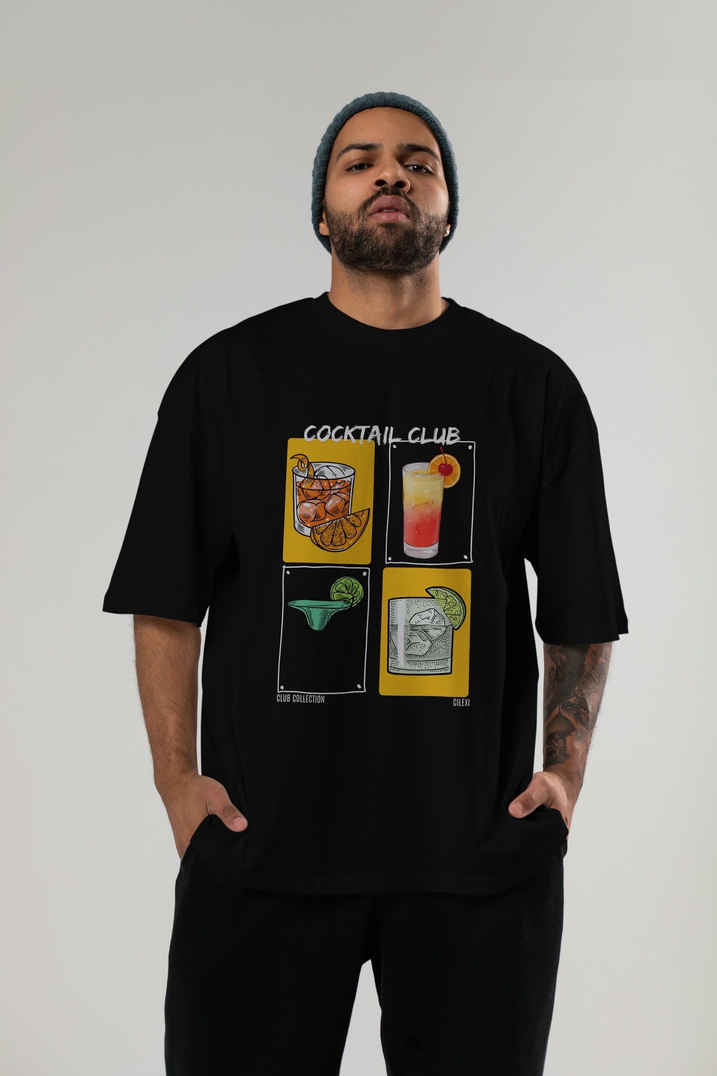 Cocktail Club ön Baskılı Oversize t-shirt Erkek Kadın %100 Pamuk Bisiklet Yaka tişort