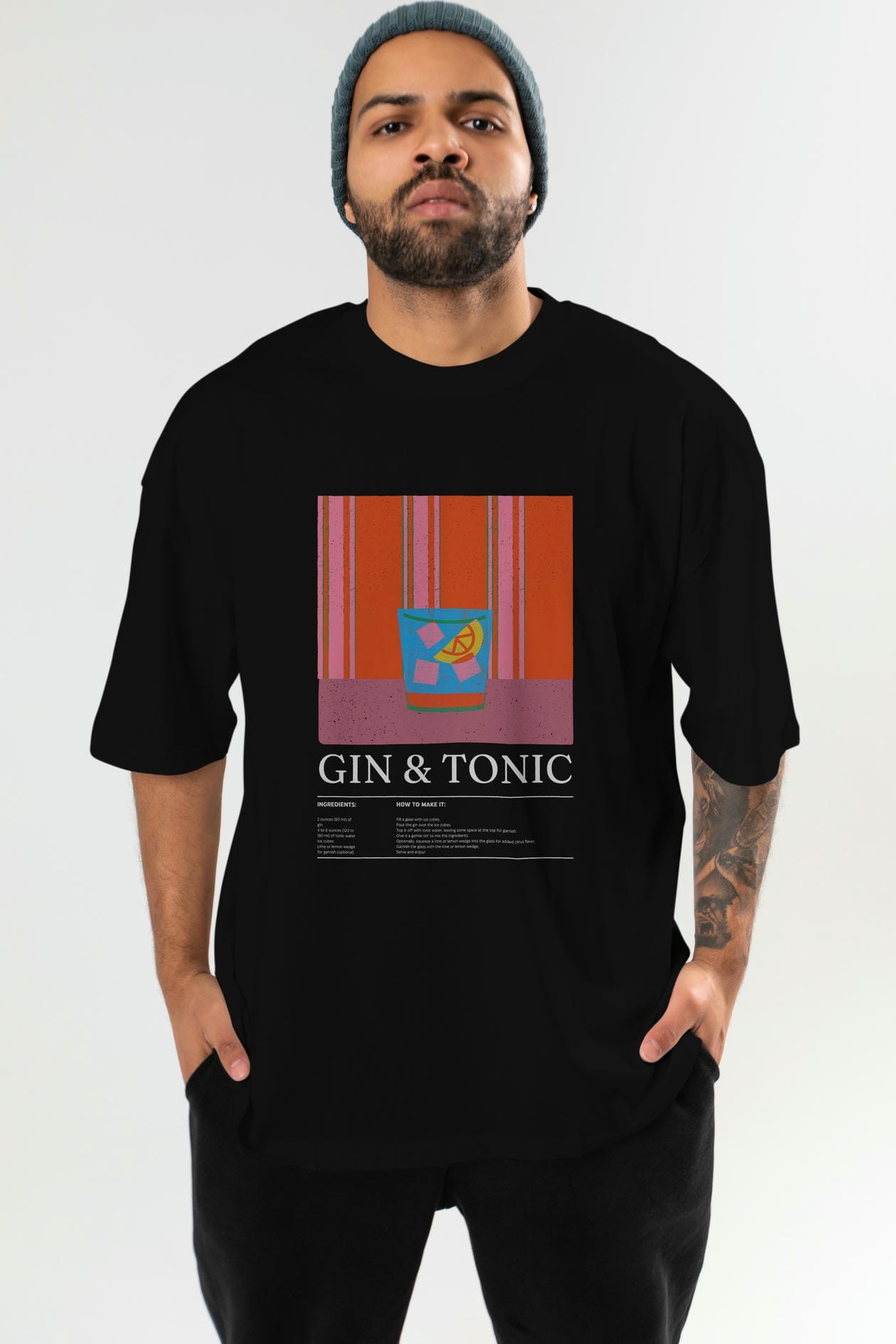 Gin tonic Kokteyl Ön Baskılı Oversize t-shirt Erkek Kadın %100 Pamuk Bisiklet Yaka tişort