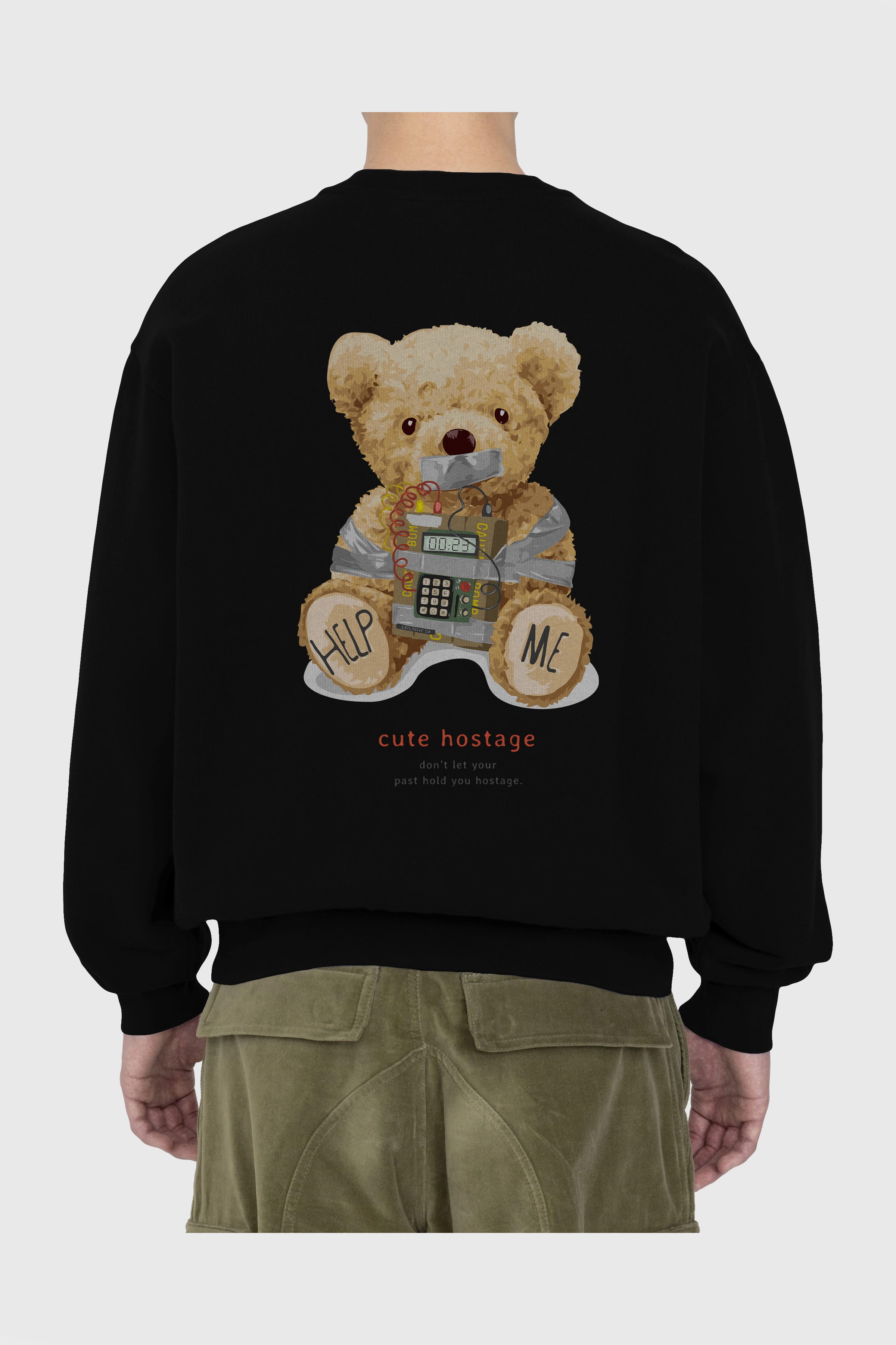 Teddy Bear Help Me Arka Baskılı Oversize Sweatshirt Erkek Kadın Unisex