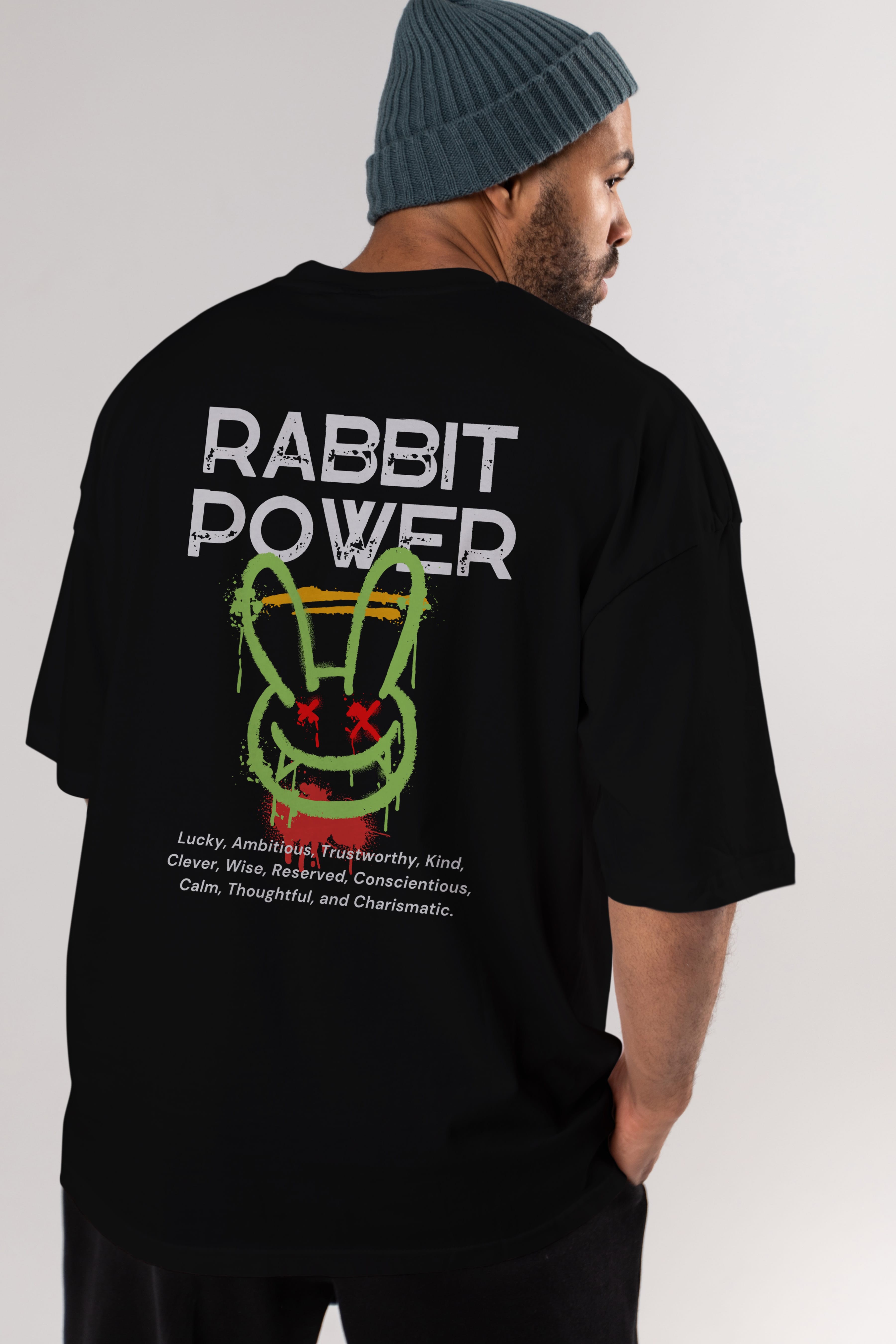 Rabbit Power Yazılı Arka Baskılı Oversize t-shirt Erkek Kadın Unisex