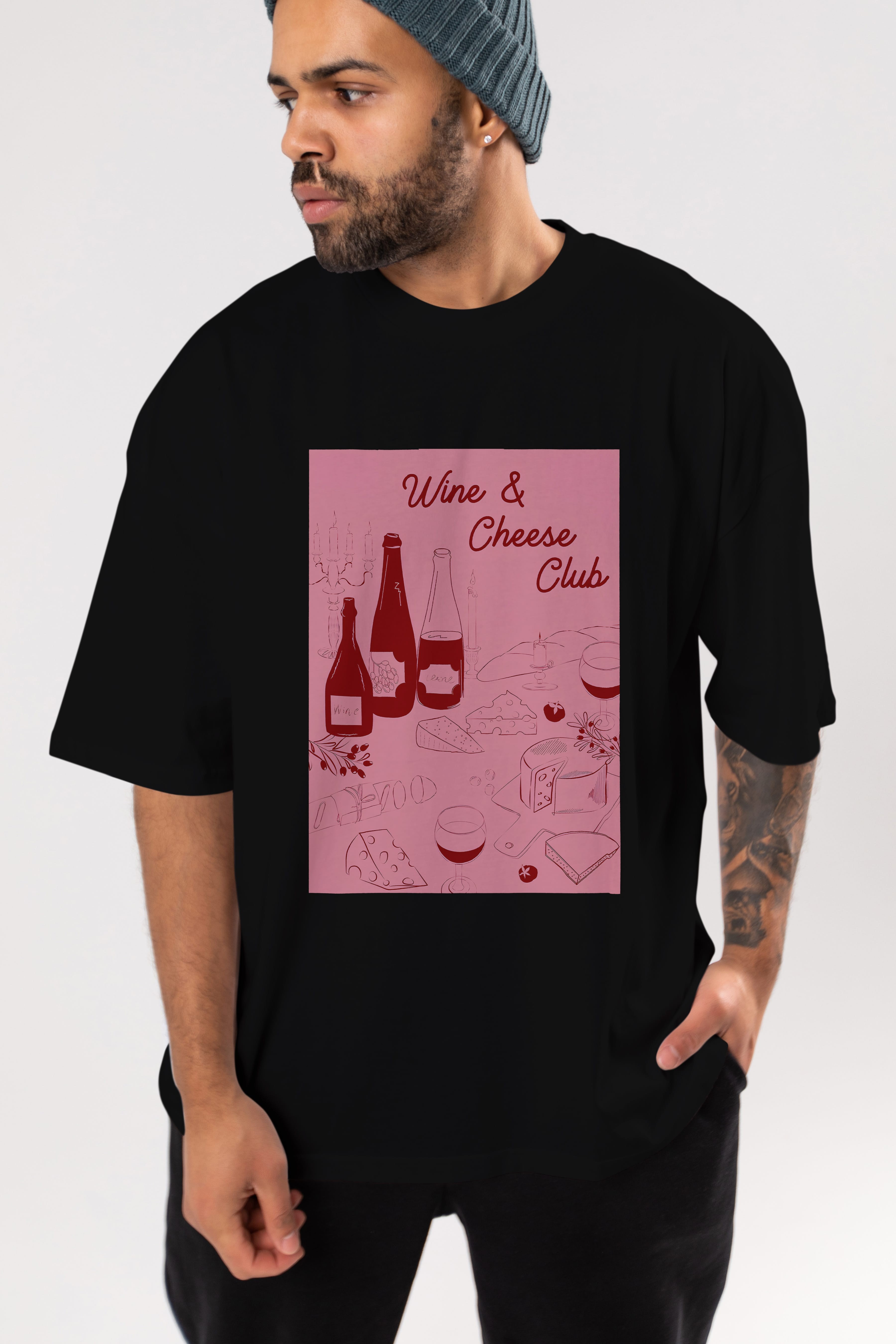 Wine Cheese Club Ön Baskılı Oversize t-shirt Erkek Kadın Unisex %100 Pamuk Bisiklet Yaka tişort