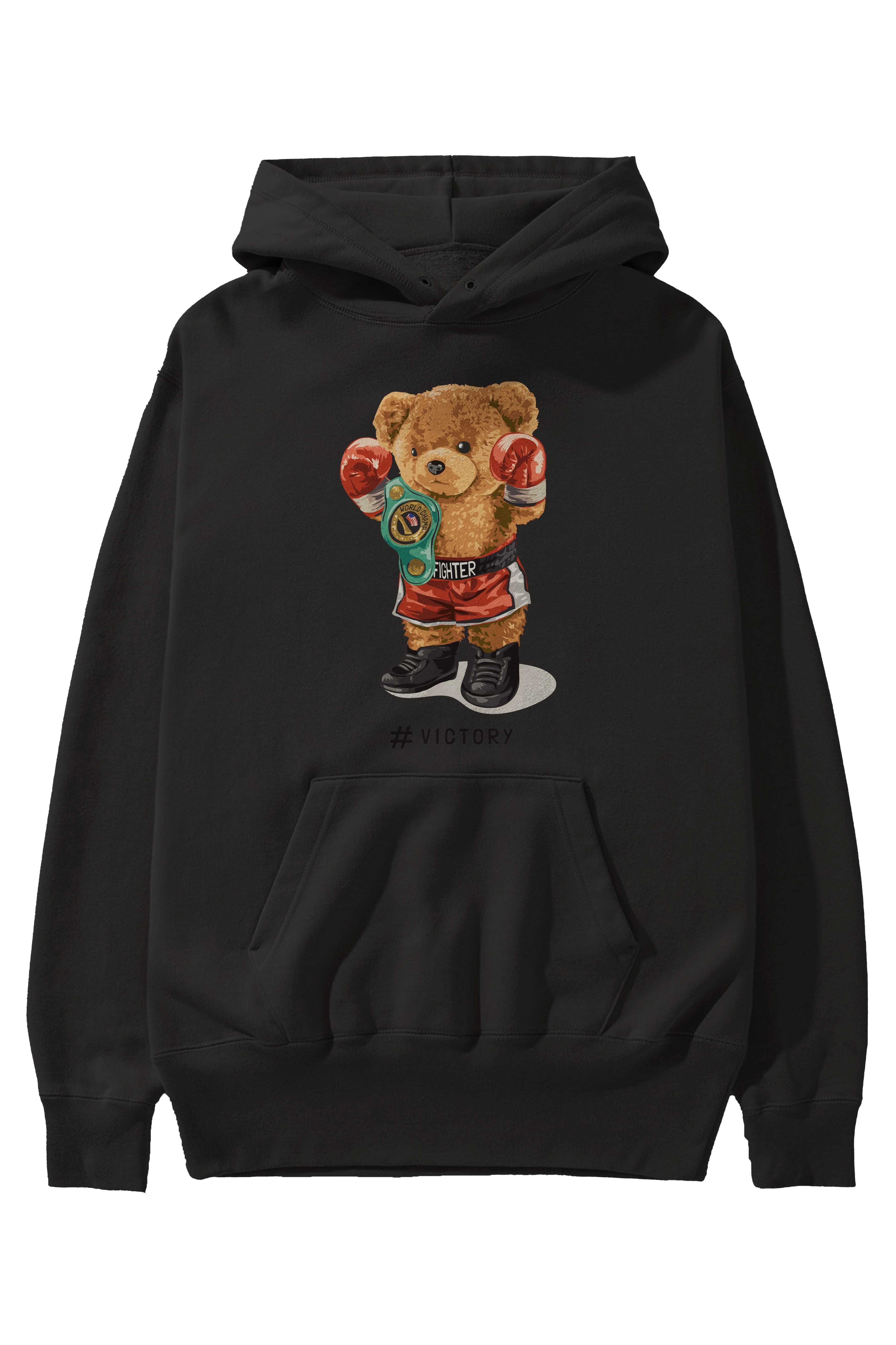 Teddy Bear Victory Ön Baskılı Hoodie Oversize Kapüşonlu Sweatshirt Erkek Kadın Unisex