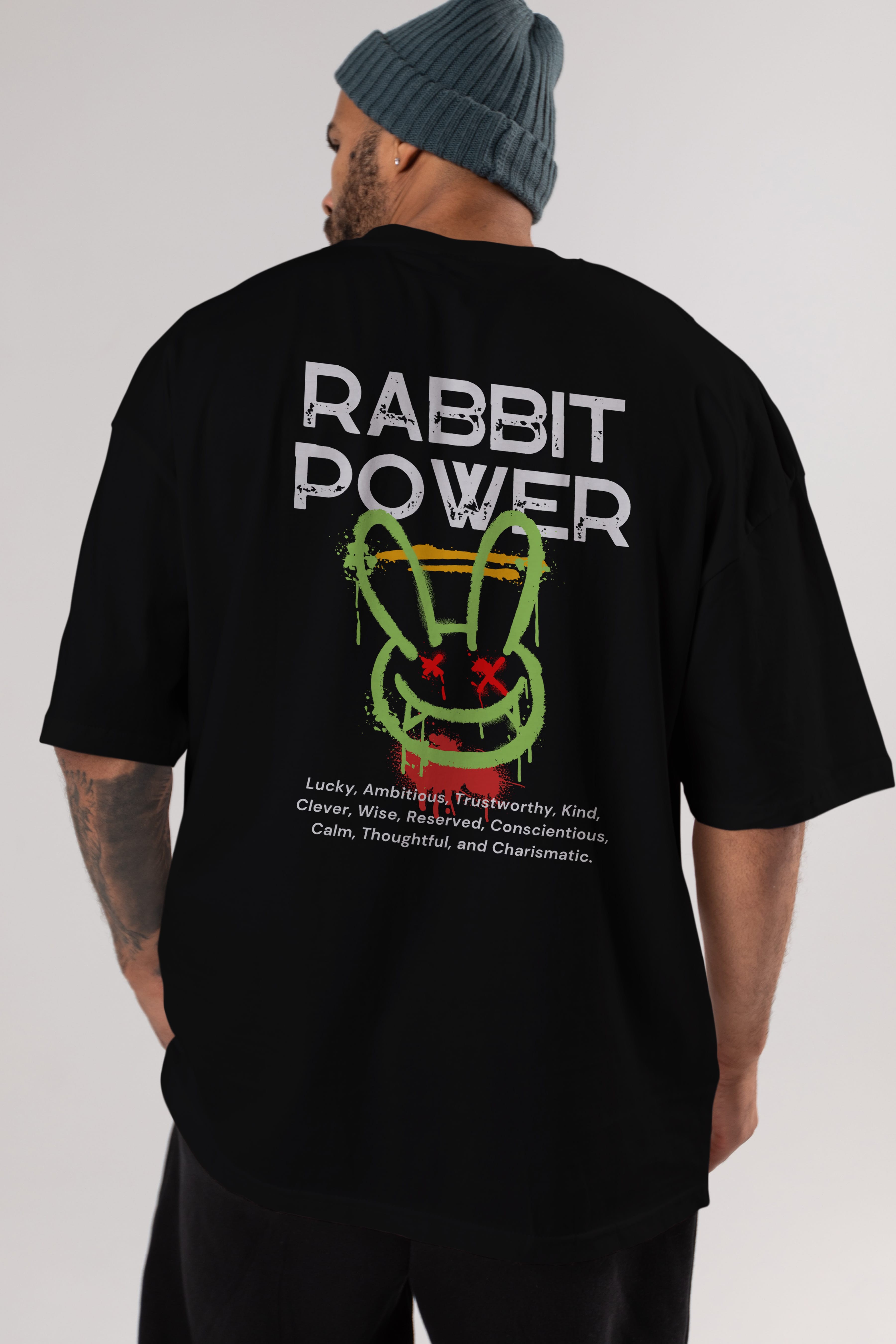 Rabbit Power Yazılı Arka Baskılı Oversize t-shirt Erkek Kadın Unisex