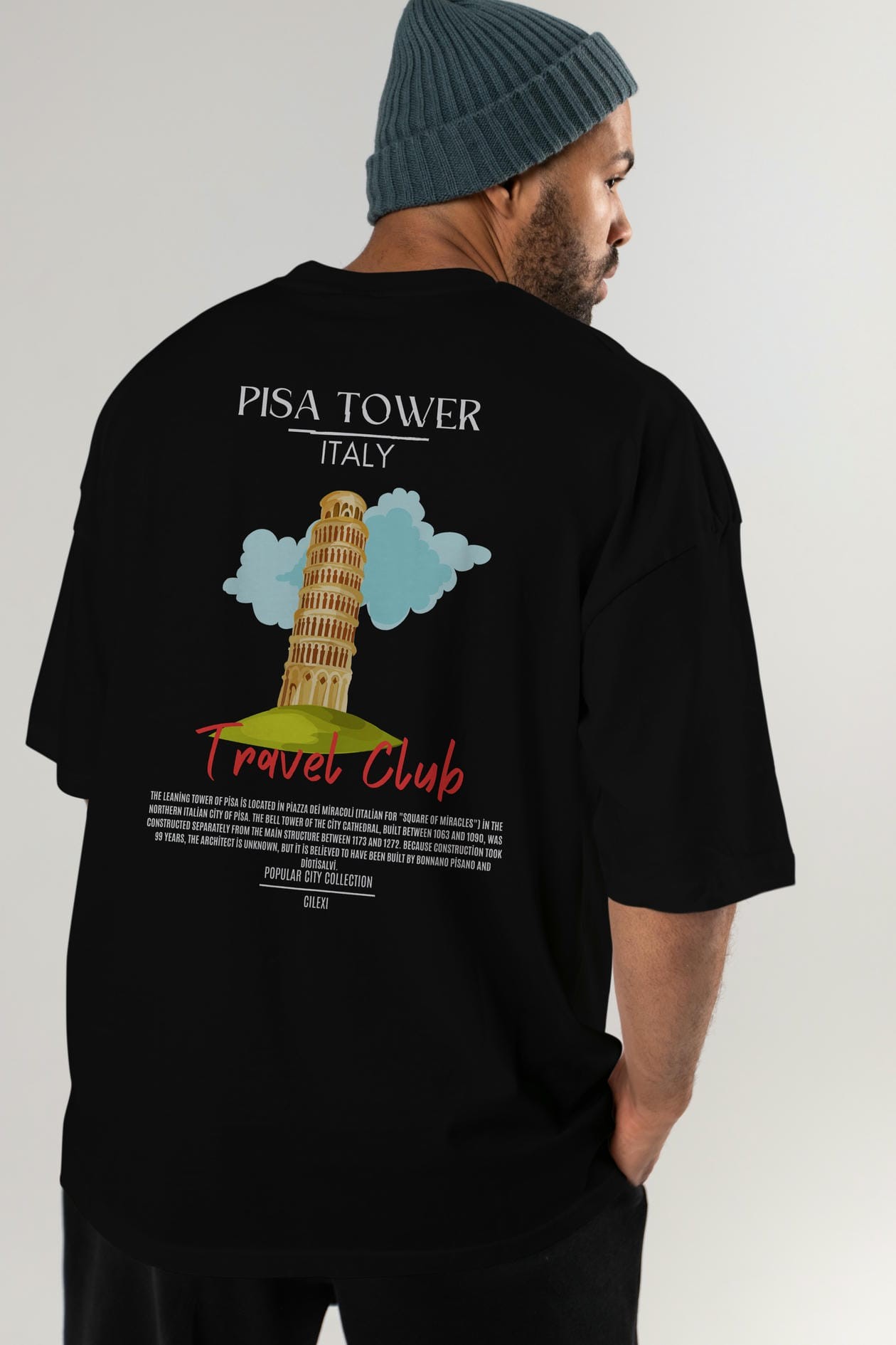 Pisa Tower İtaly Arka Baskılı Oversize t-shirt Erkek Kadın Pamuk Bisiklet Yaka tişort