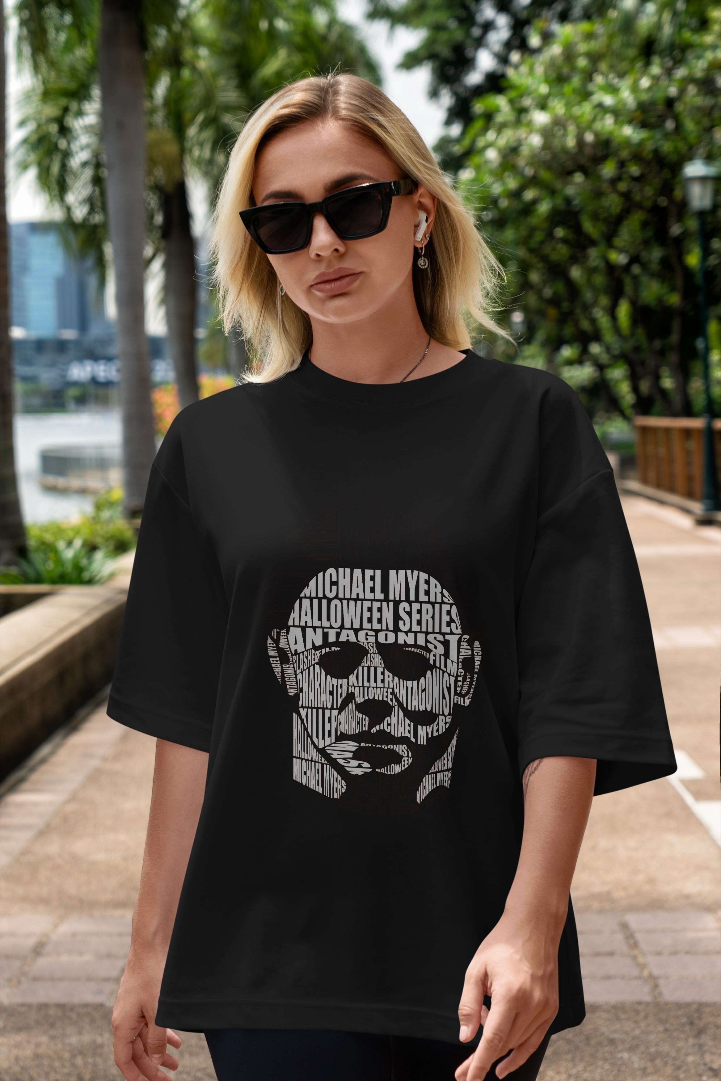 Michael Myers Calligram Ön Baskılı Oversize t-shirt %100 pamuk Erkek Kadın Unisex