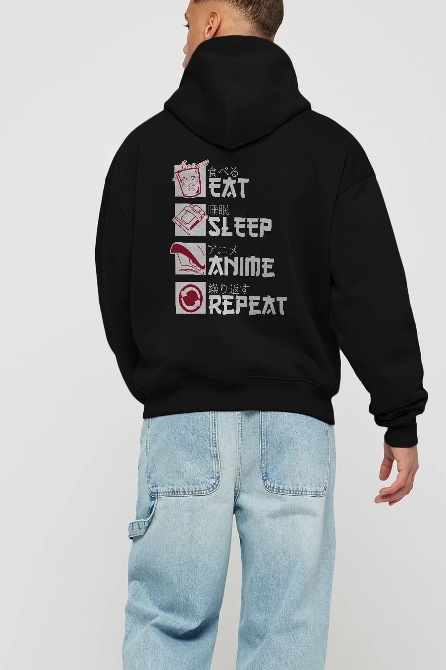 Eat, Sleep, Anime, Repeat Anime Arka Baskılı Hoodie Oversize Kapüşonlu Sweatshirt Erkek Kadın Unisex