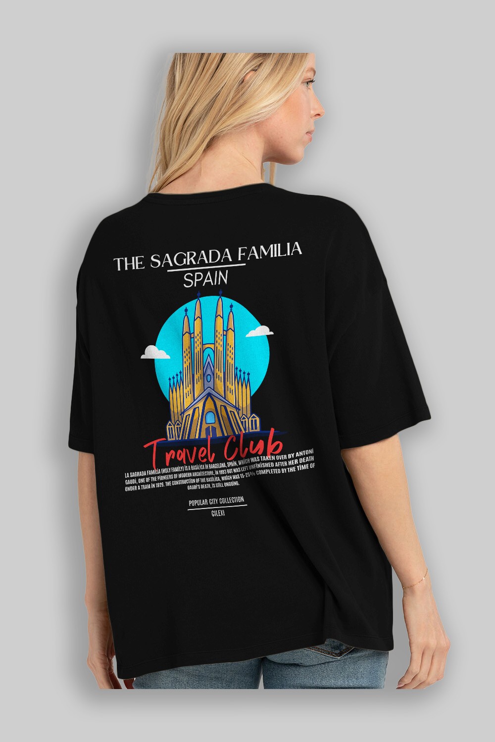 The Sagrada Familia Spain Arka Baskılı Oversize t-shirt Erkek Kadın Pamuk Bisiklet Yaka tişort