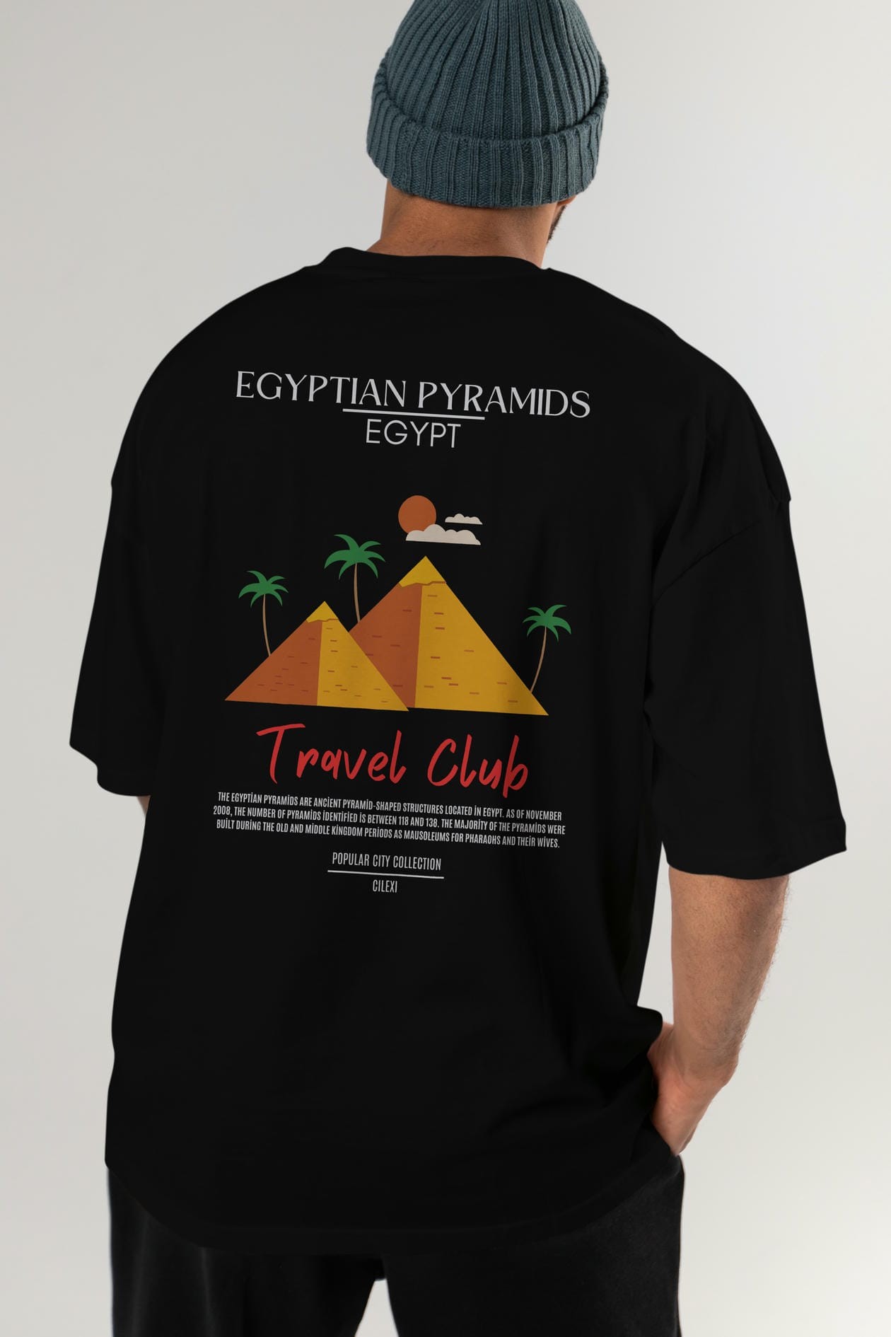 Egyptian Pyramids Egypt Arka Baskılı Oversize t-shirt Erkek Kadın Pamuk Bisiklet Yaka tişort