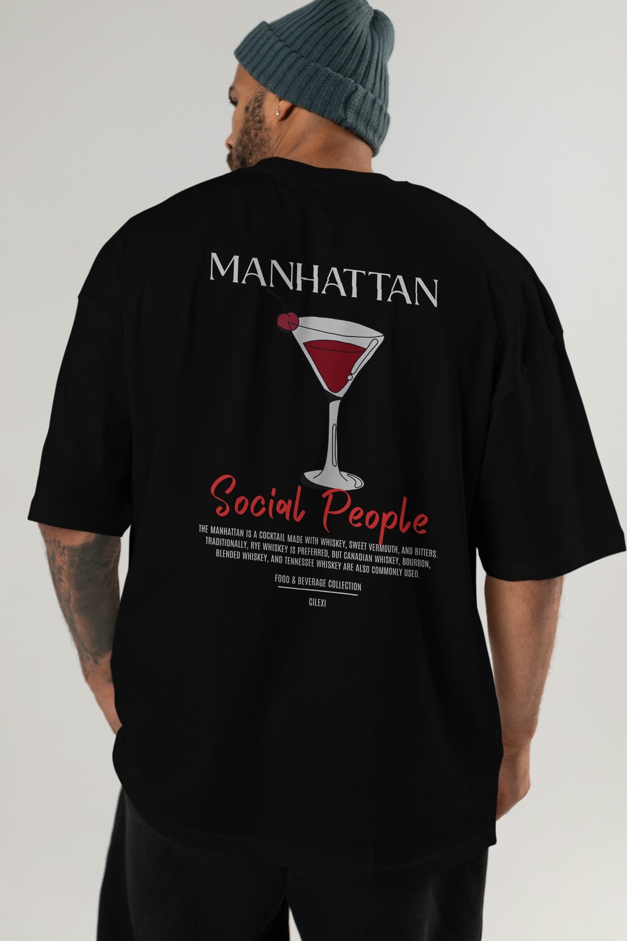 Manhattan Kokteyl Serisi Baskılı Oversize t-shirt Erkek Kadın Unisex %100 Pamuk Bisiklet Yaka tişort