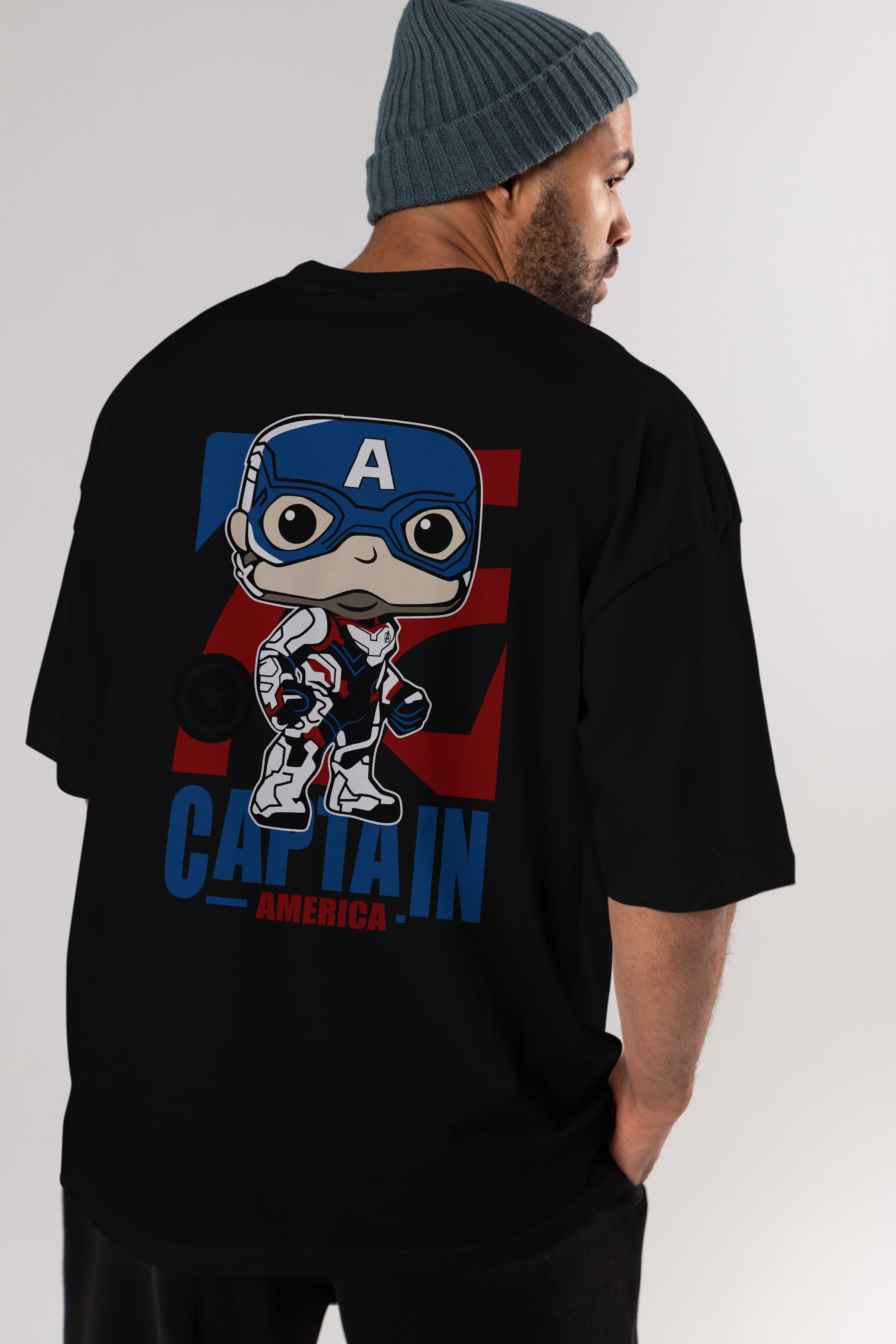 Captain America Arka Baskılı Oversize t-shirt Erkek Kadın Unisex %100 Pamuk Bisiklet Yaka tişort
