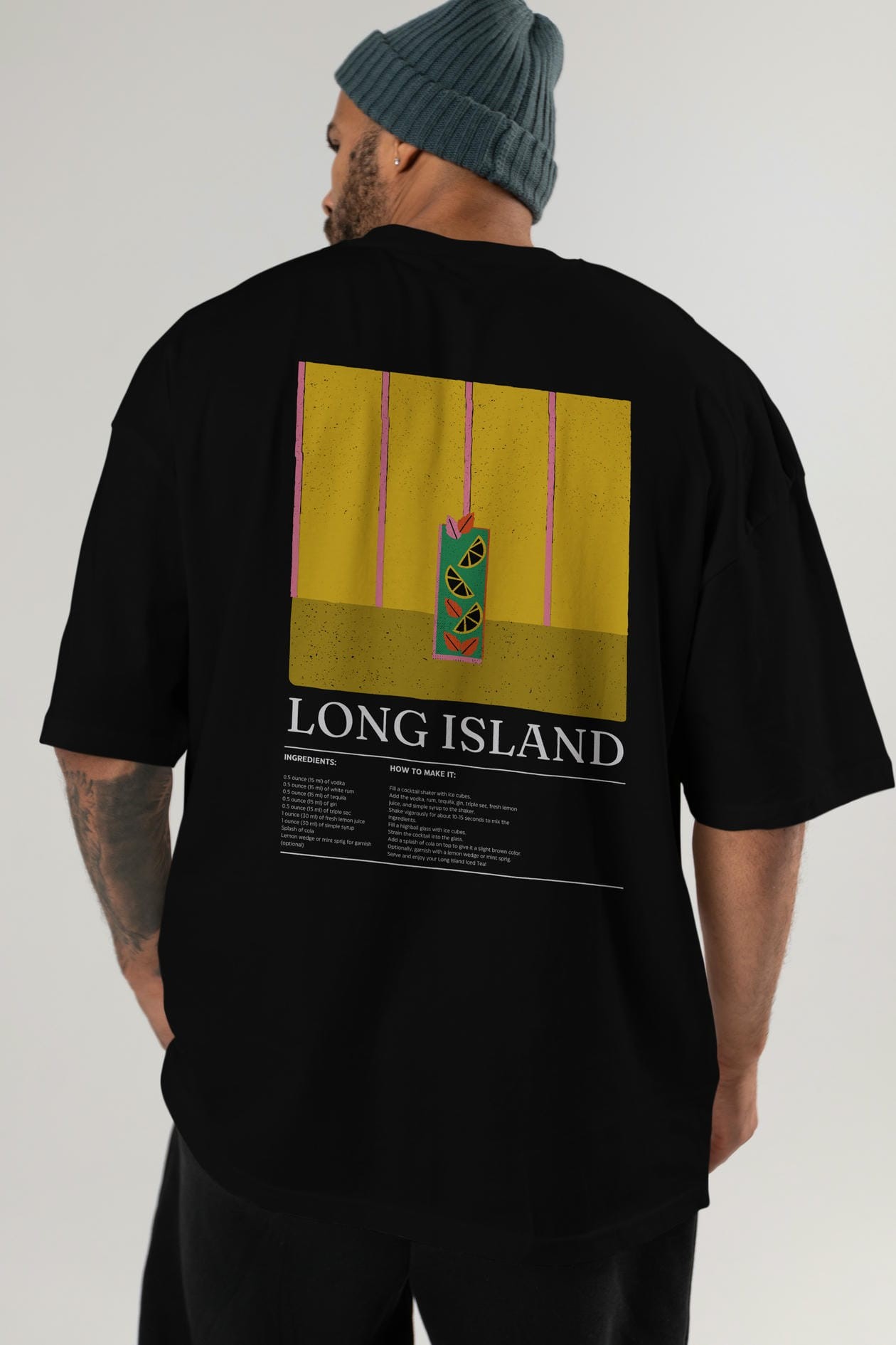 Long Island Kokteyl Serisi Arka Baskılı Oversize t-shirt Erkek Kadın %100 Pamuk Bisiklet Yaka tişort