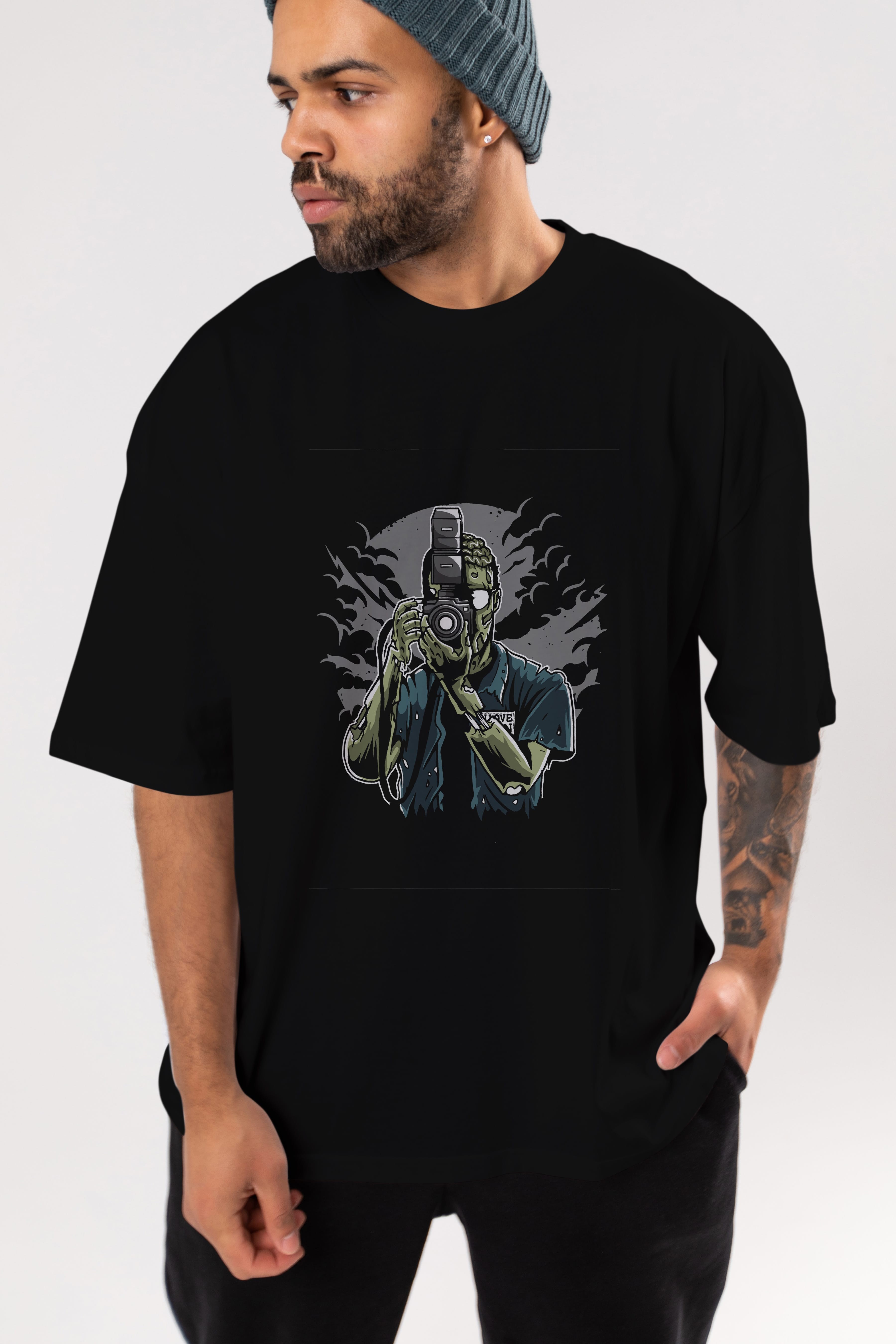 Zombie Photographer Ön Baskılı Oversize t-shirt Erkek Kadın Unisex %100 Pamuk tişort