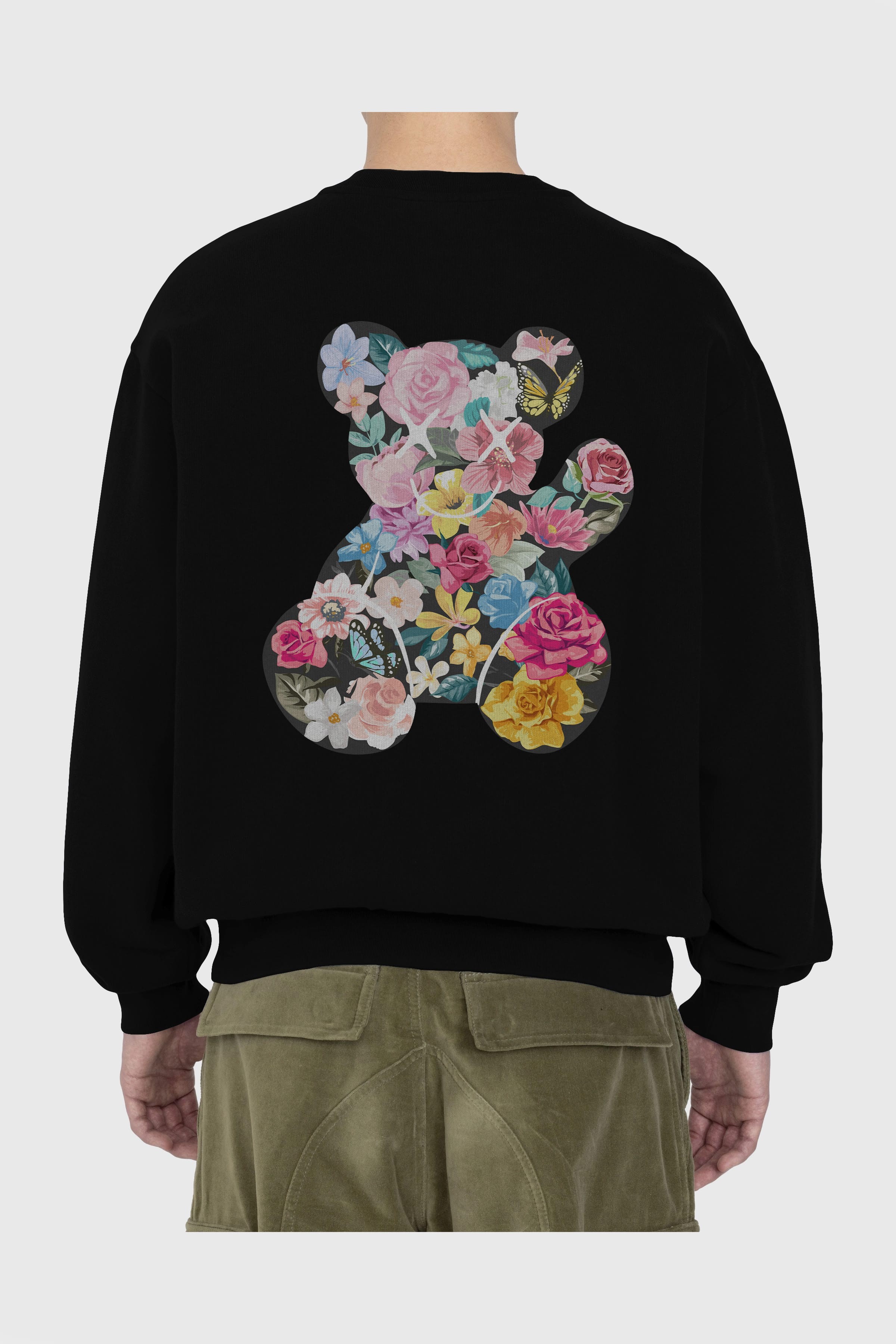 Flowers Bear Arka Baskılı Oversize Sweatshirt Erkek Kadın Unisex