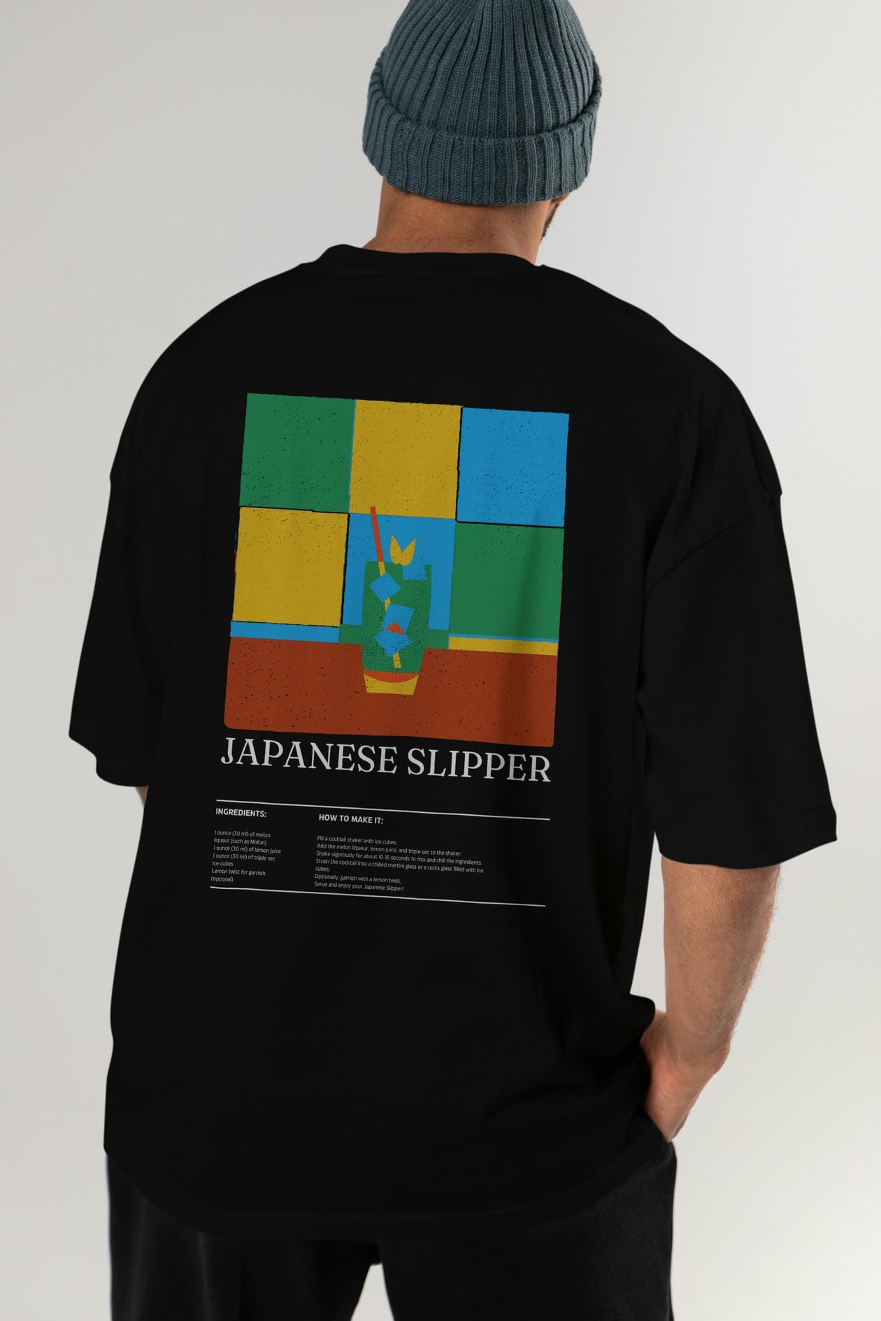 Japanese Slipper Kokteyl Serisi Arka Baskılı Oversize t-shirt Erkek Kadın %100 Pamuk Bisiklet Yaka tişort