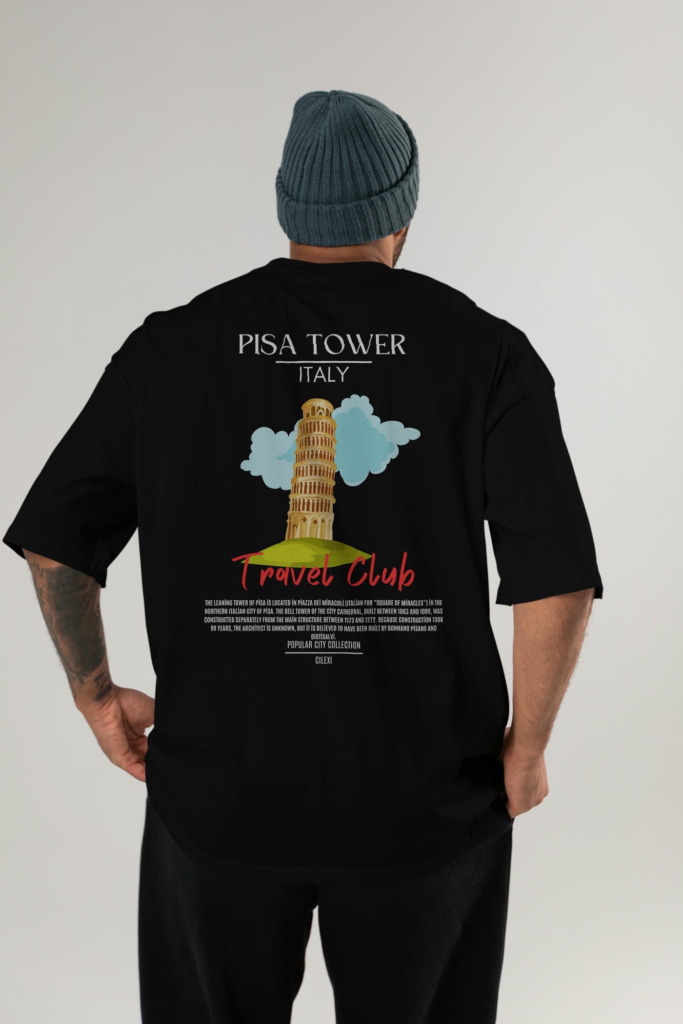 Pisa Tower İtaly Arka Baskılı Oversize t-shirt Erkek Kadın Pamuk Bisiklet Yaka tişort