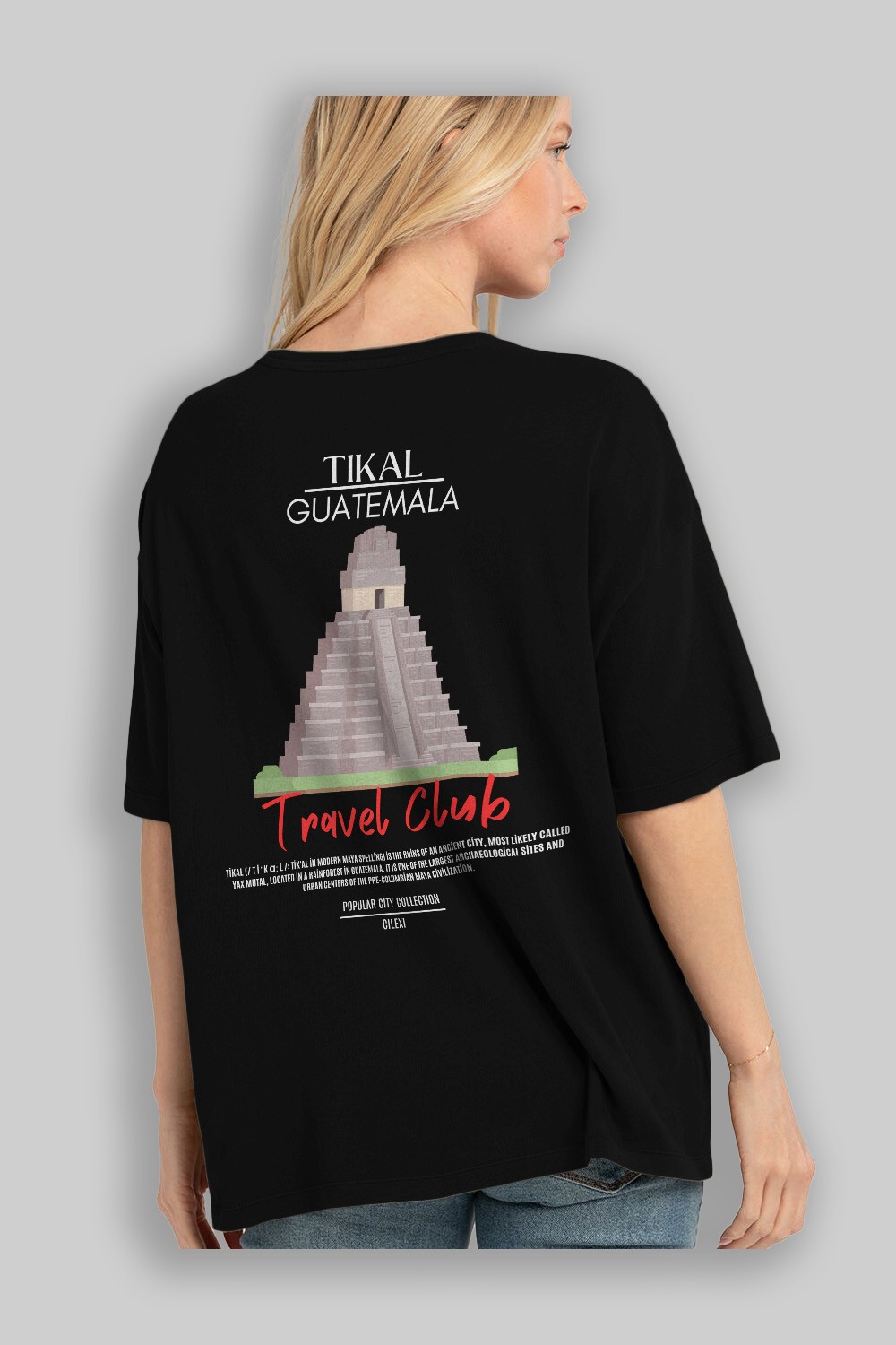 Tikal Guatemala Arka Baskılı Oversize t-shirt Erkek Kadın Pamuk Bisiklet Yaka tişort