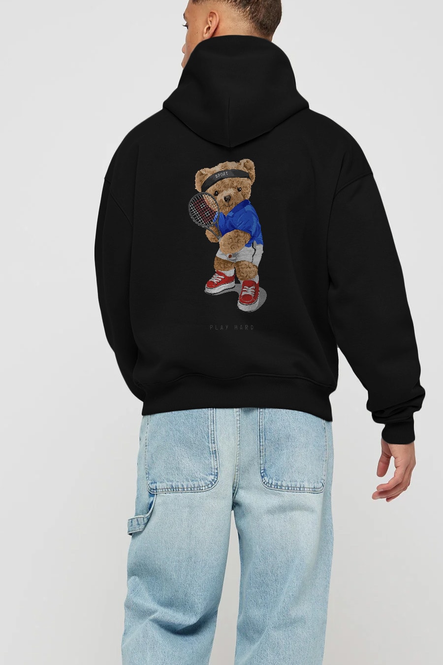 Teddy Bear Play Hard Arka Baskılı Hoodie Oversize Kapüşonlu Sweatshirt Erkek Kadın Unisex