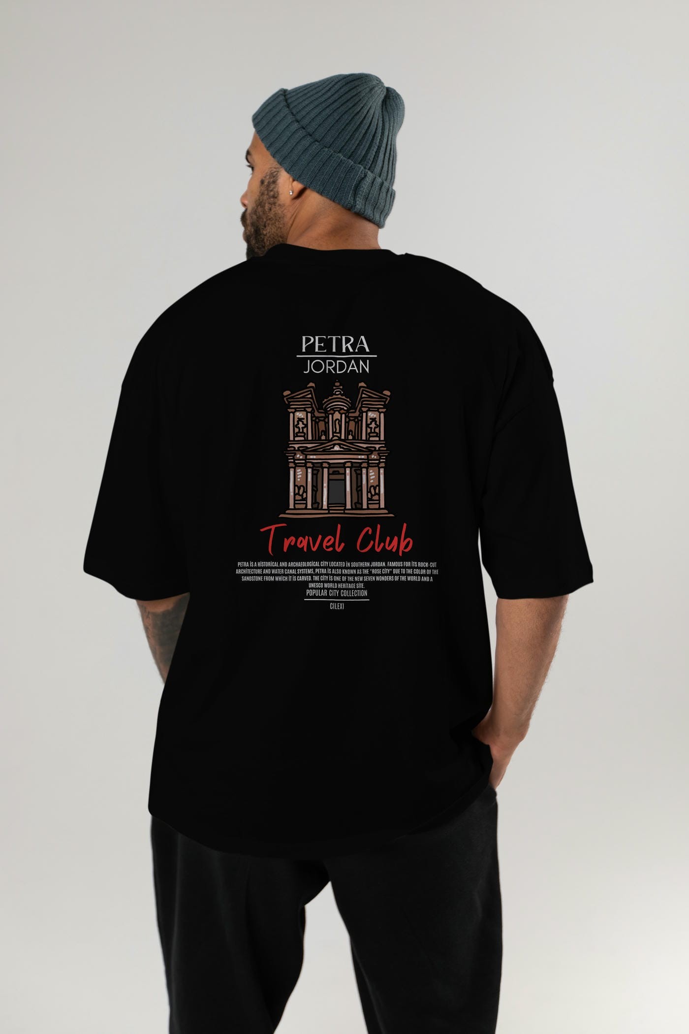 Petra Jordan Arka Baskılı Oversize t-shirt Erkek Kadın Pamuk Bisiklet Yaka tişort