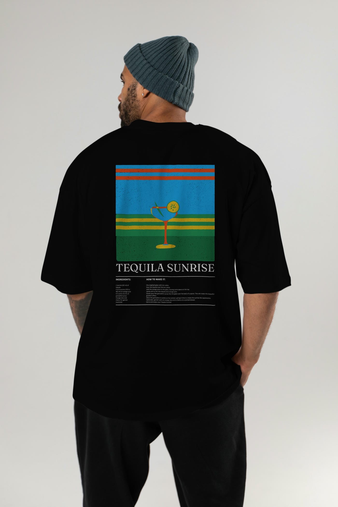 Tequila Sunrise Kokteyl Serisi Arka Baskılı Oversize t-shirt Erkek Kadın %100 Pamuk Bisiklet Yaka tişort