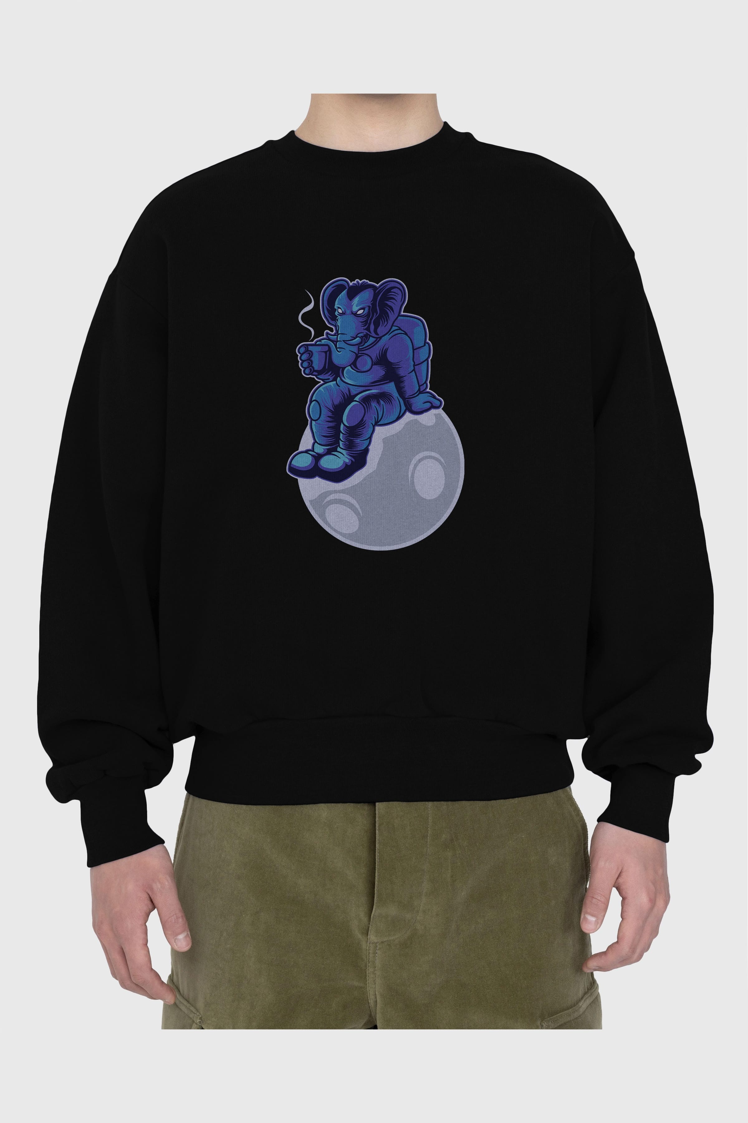 Space Elephant Drink Coffee Ön Baskılı Oversize Sweatshirt Erkek Kadın Unisex