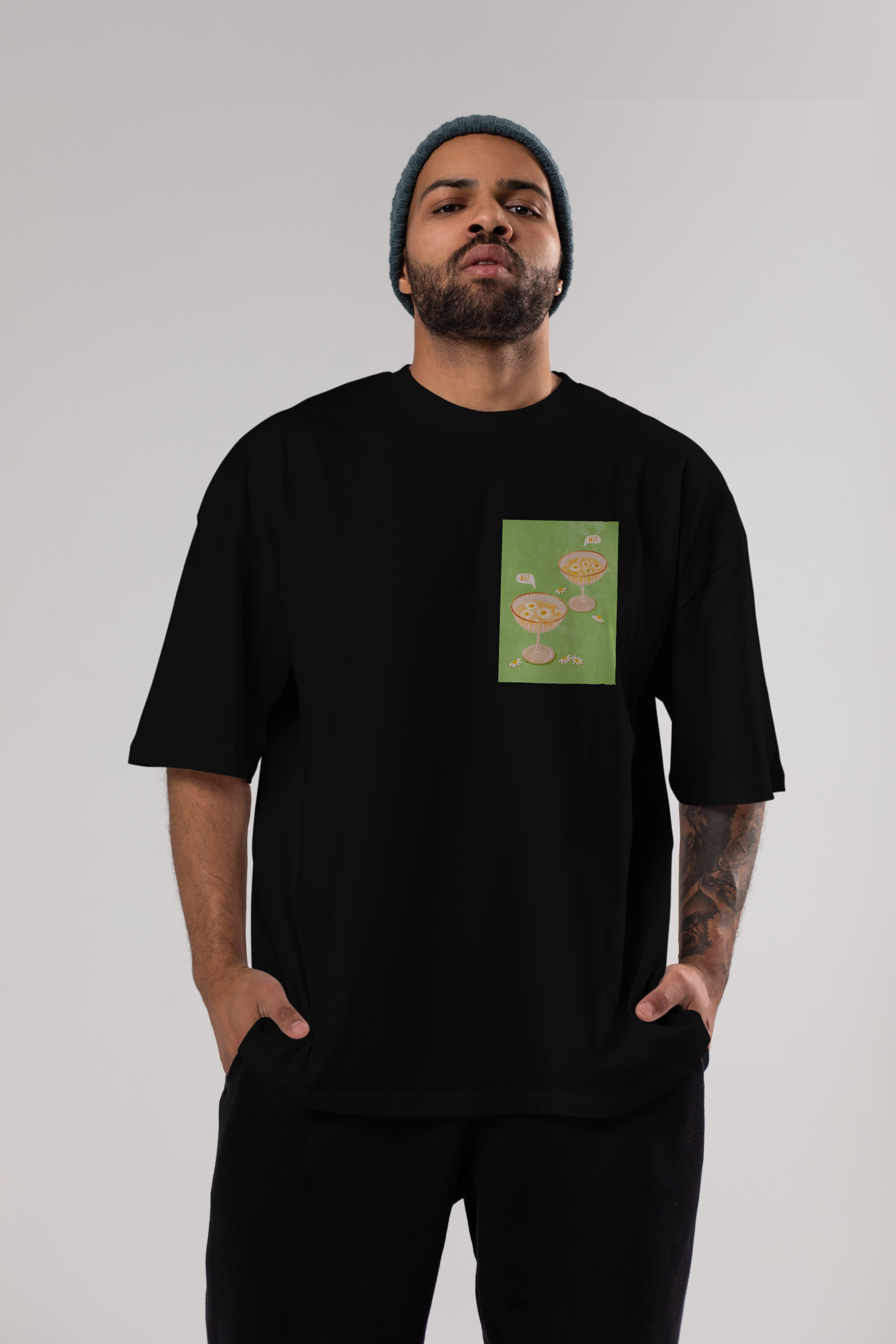 Hi Cheers Ön Sol Baskılı Oversize t-shirt Erkek Kadın Unisex %100 Pamuk Bisiklet Yaka tişort