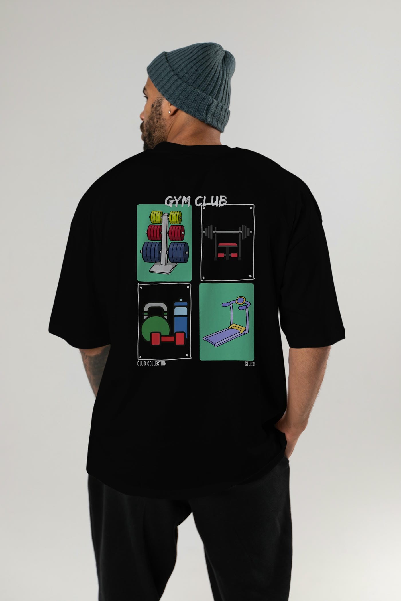 Gym Club Arka Baskılı Oversize t-shirt Erkek Kadın %100 Pamuk Bisiklet Yaka tişort