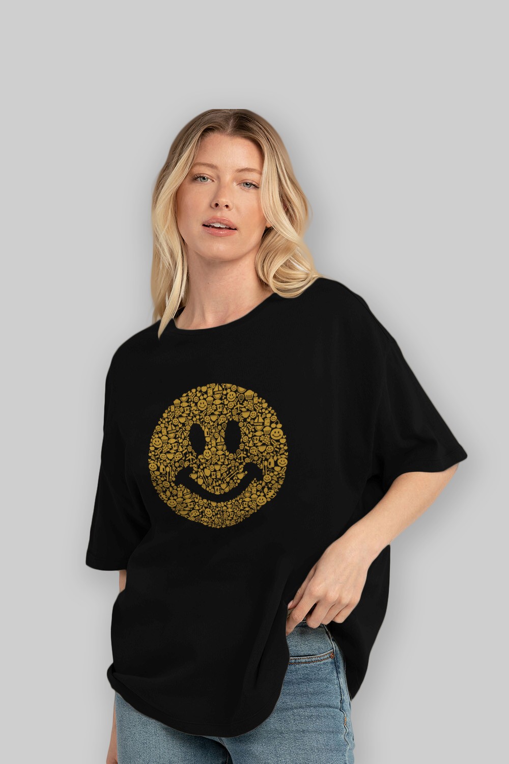 Smiley Ön Baskılı Oversize t-shirt %100 pamuk Erkek Kadın Unisex