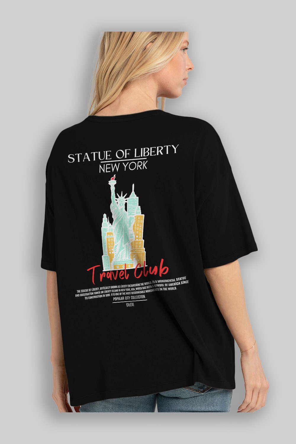 Statue Of Liberty New York Arka Baskılı Oversize t-shirt Erkek Kadın Pamuk Bisiklet Yaka tişort