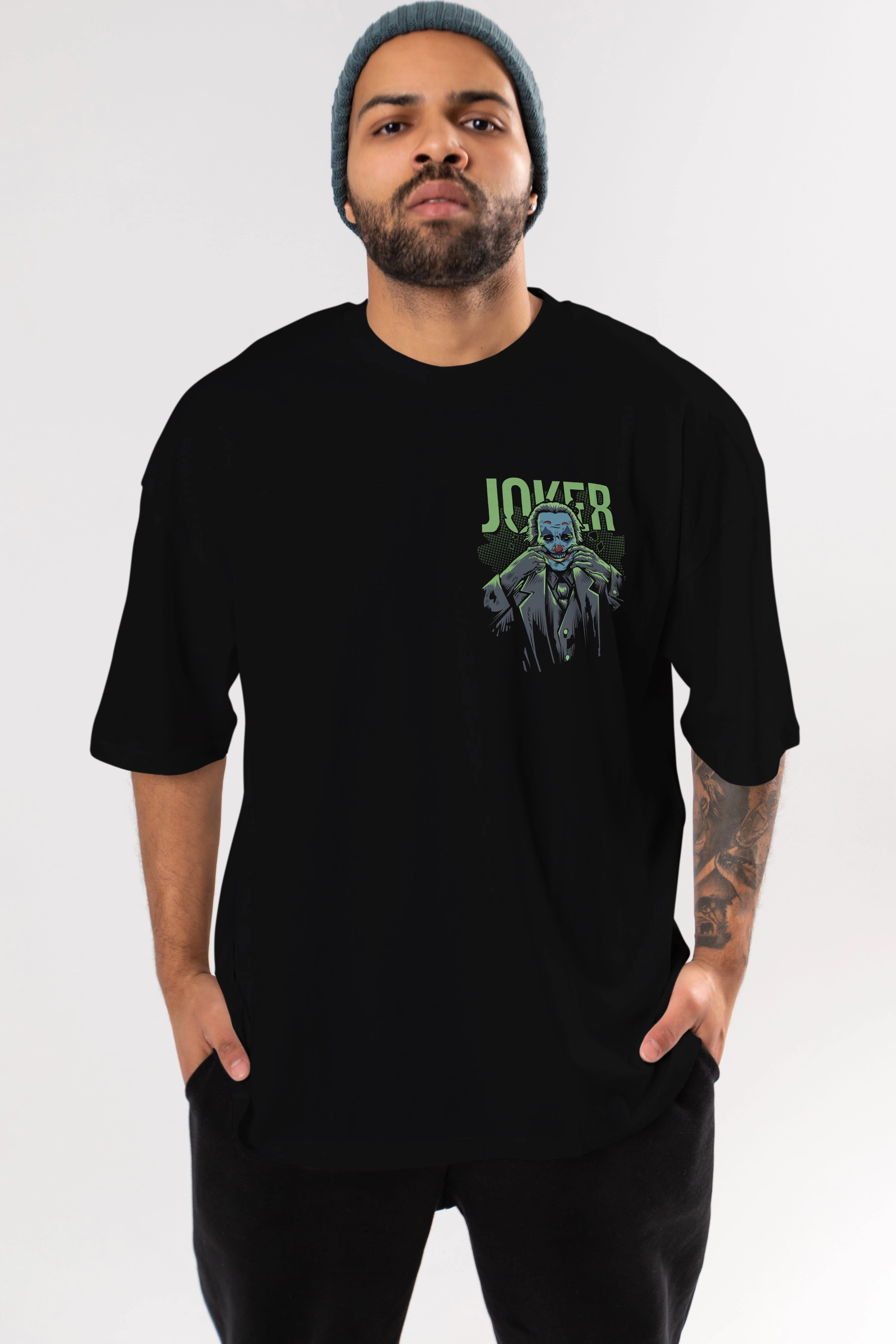 Joker (9) Ön Sol Baskılı Oversize t-shirt Erkek Kadın Unisex %100 Pamuk Bisiklet Yaka tişort