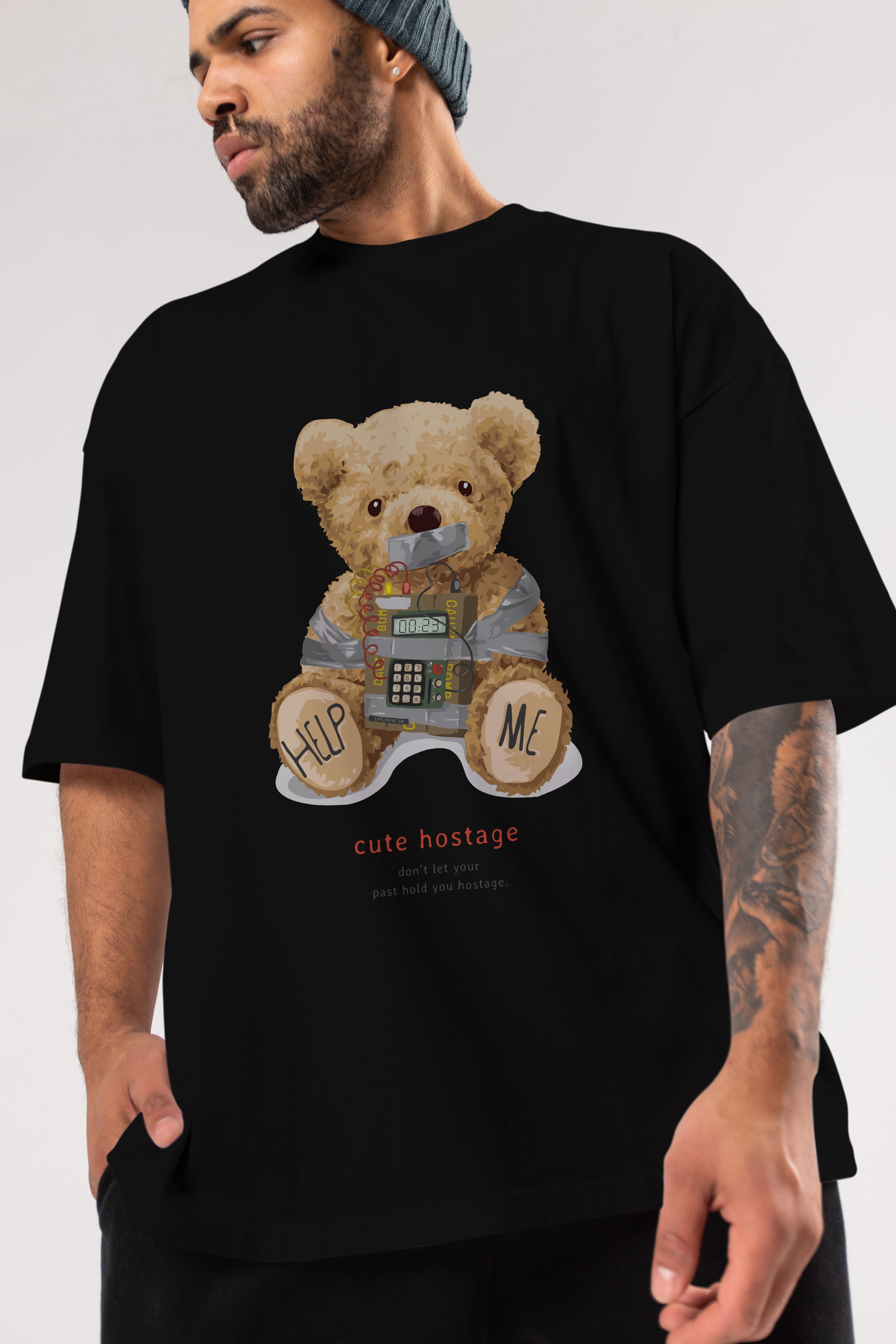 Teddy Bear Help Me Ön Baskılı Oversize t-shirt Erkek Kadın Unisex %100 Pamuk