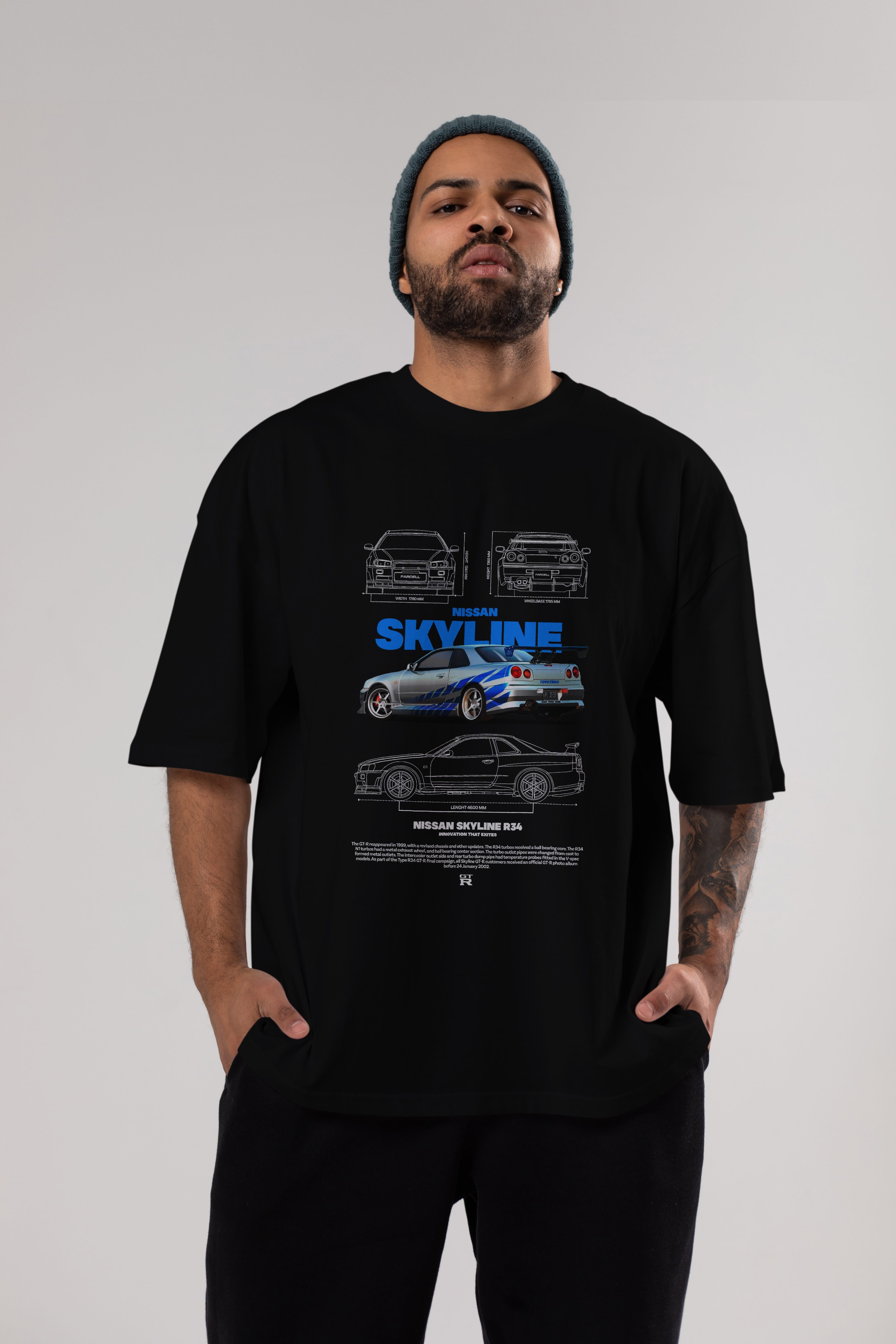 Nissan SKYLINE 34 FAST AND FURIOUS Ön Baskılı Oversize t-shirt Erkek Kadın Unisex %100 Pamuk Bisiklet Yaka tişort