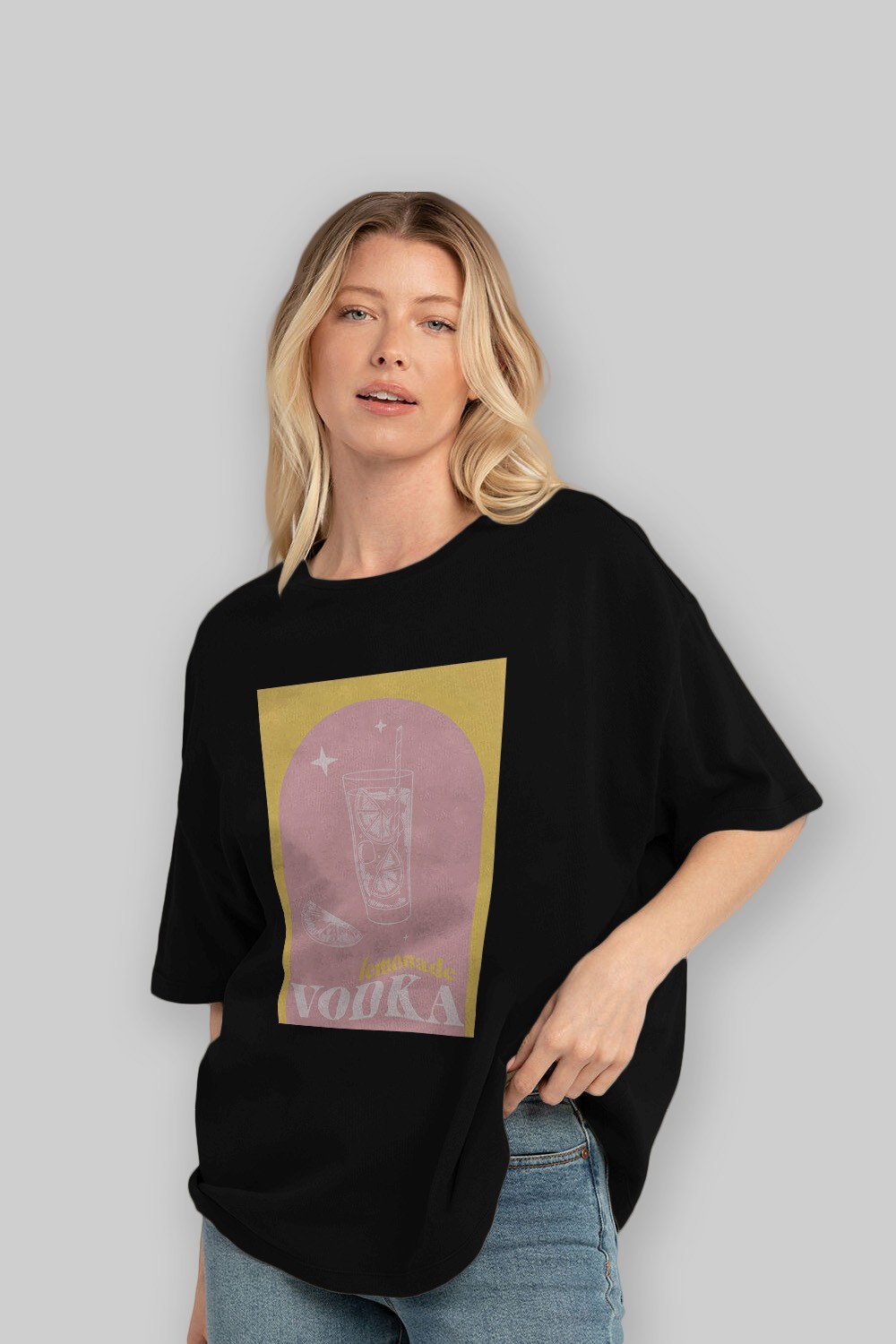 Vodka Limon Ön Baskılı Oversize t-shirt Erkek Kadın Unisex %100 Pamuk Bisiklet Yaka tişort