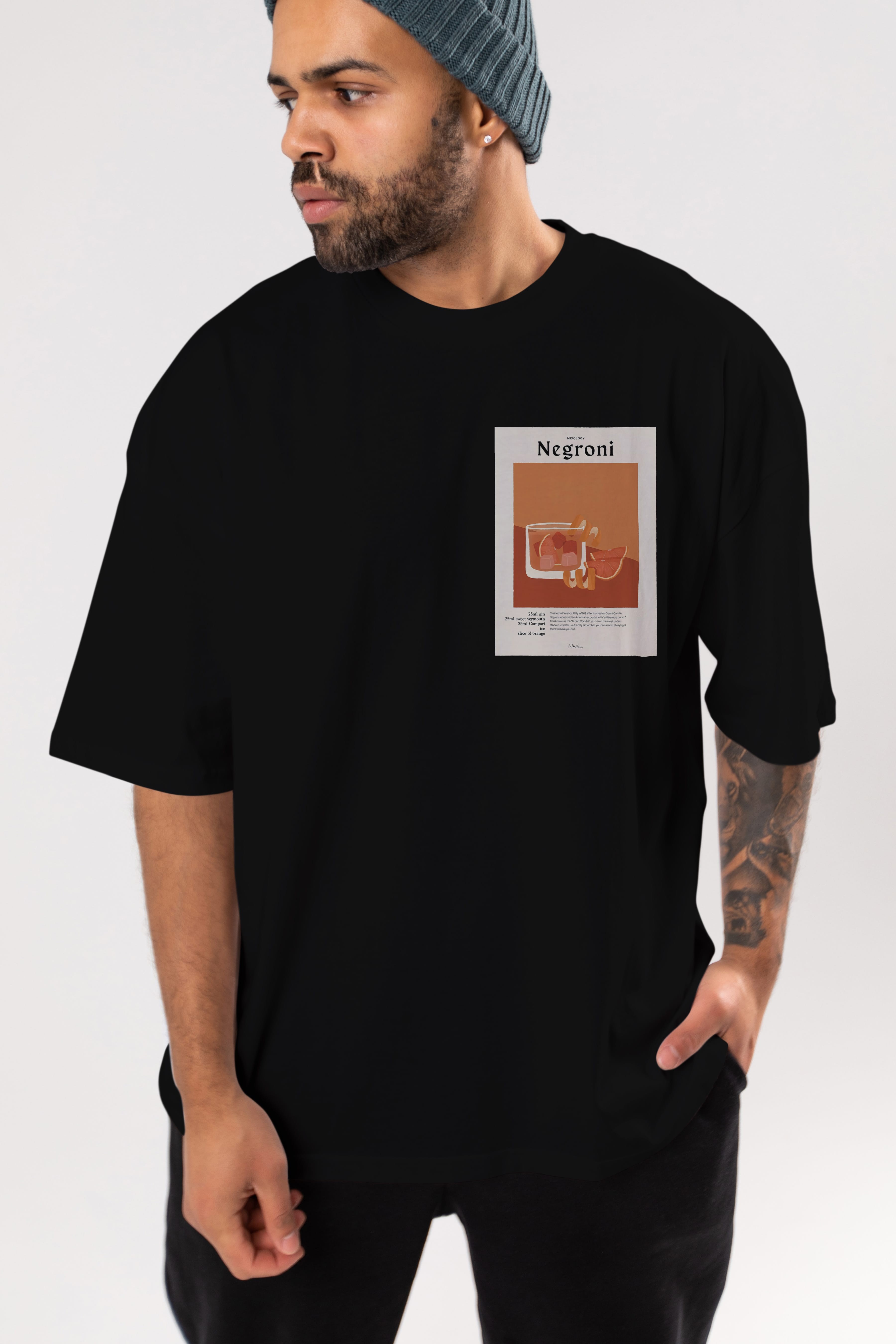 Mixology Negroni Ön Sol Baskılı Oversize t-shirt Erkek Kadın Unisex %100 Pamuk Bisiklet Yaka tişort