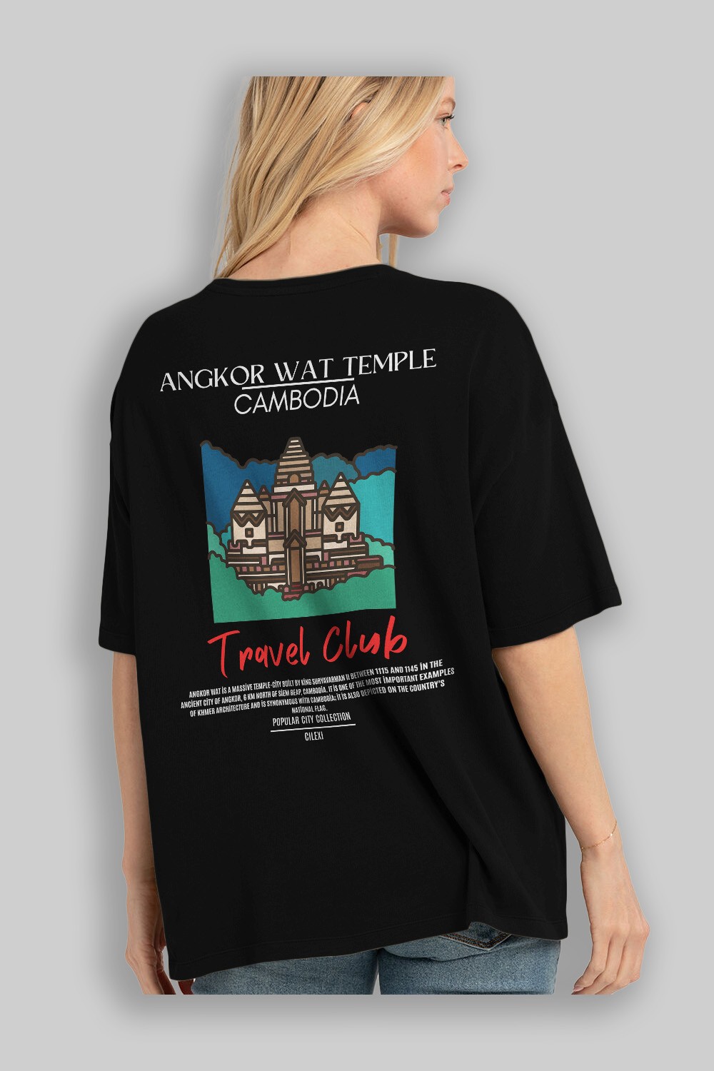 Angkor Wat Temple Cambodia Arka Baskılı Oversize t-shirt Erkek Kadın Pamuk Bisiklet Yaka tişort