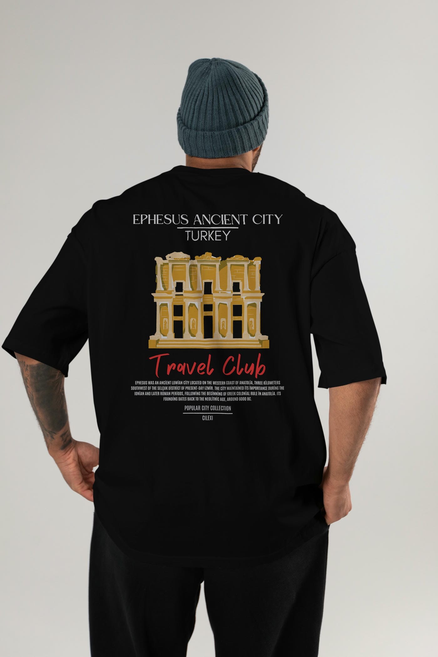 Ephesus Ancient City Turkey Arka Baskılı Oversize t-shirt Erkek Kadın Pamuk Bisiklet Yaka tişort