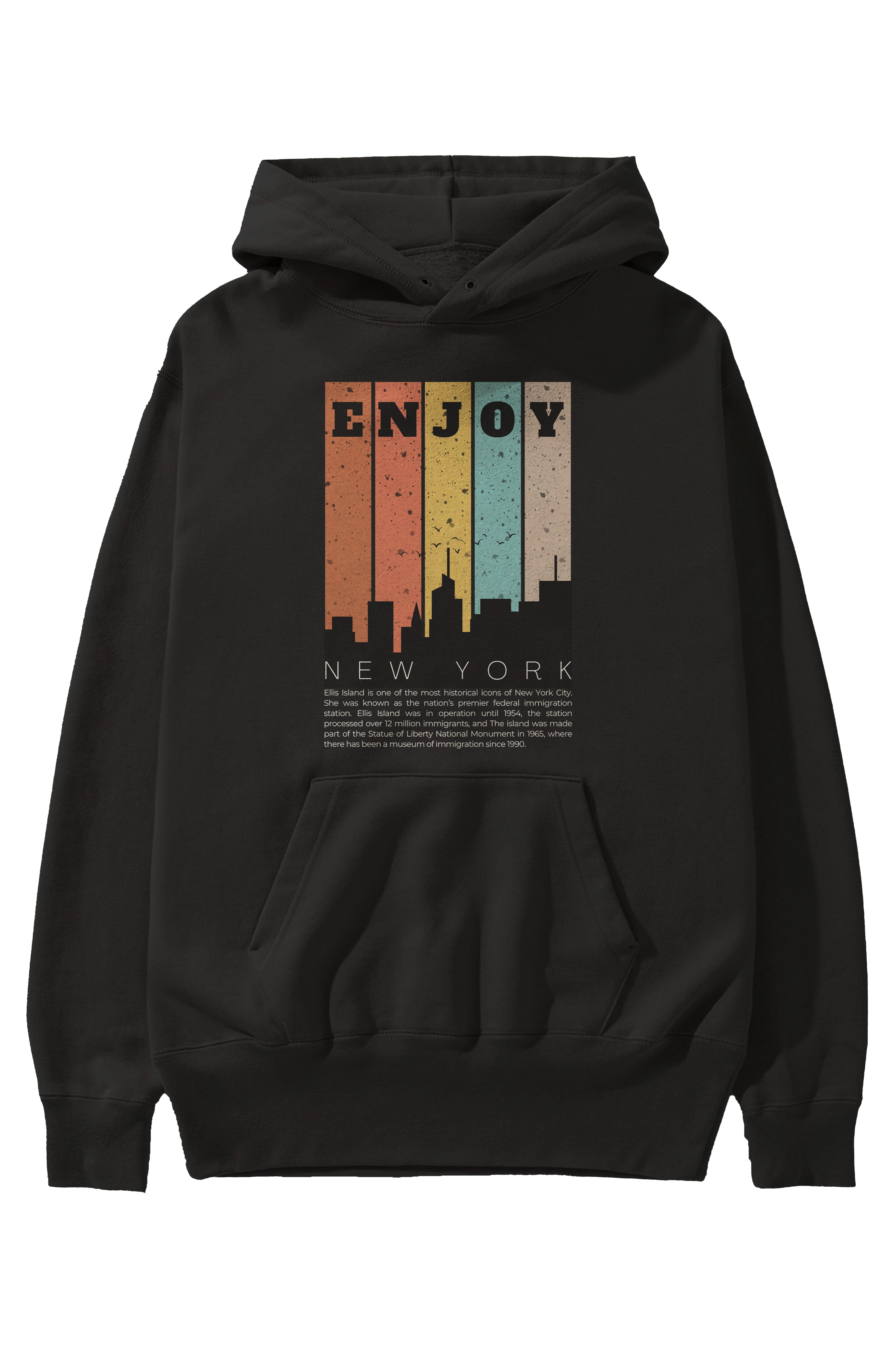 Enjoy New York Yazılı Ön Baskılı Oversize Hoodie Kapüşonlu Sweatshirt Erkek Kadın Unisex