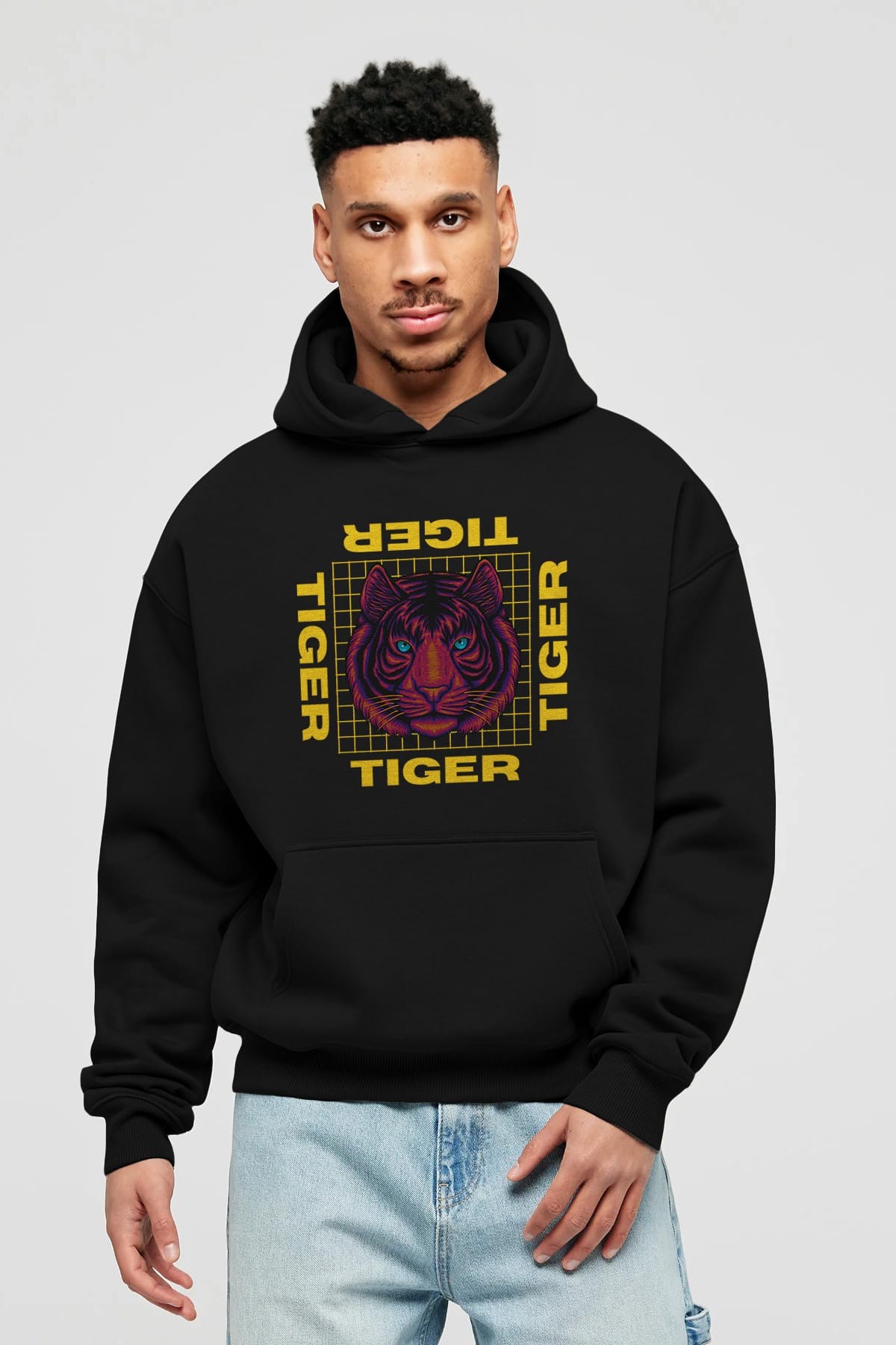 Tiger Yazılı Streetwear Ön Baskılı Oversize Hoodie Kapüşonlu Sweatshirt Erkek Kadın Unisex